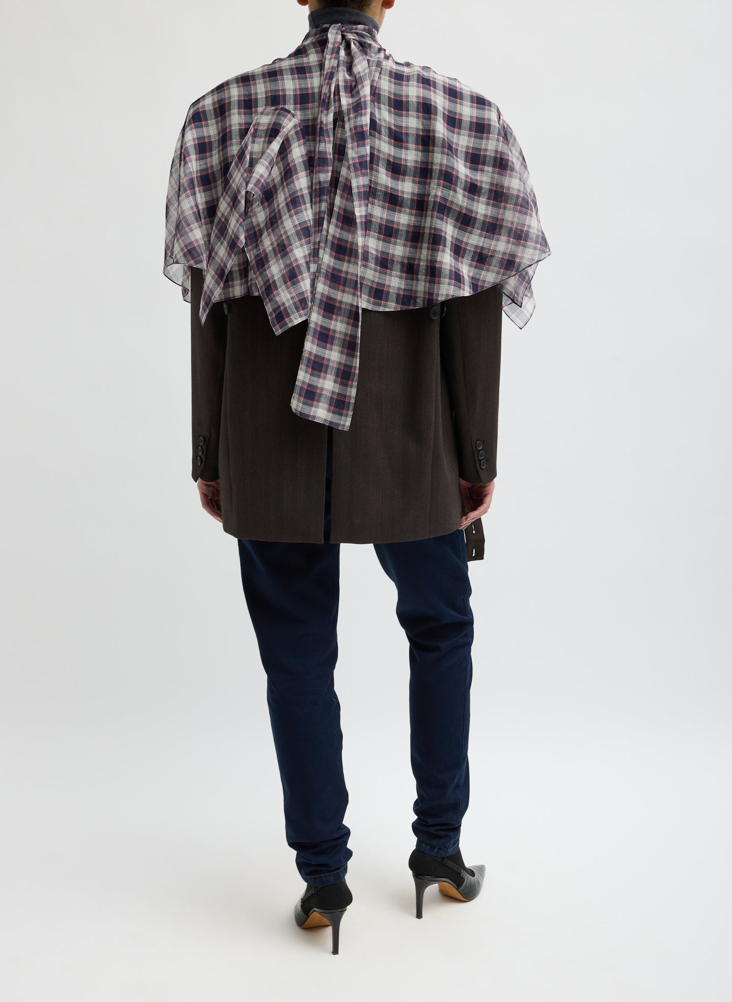 Black and Red Silk Cotton Plaid Cape Tie Top - back view on model