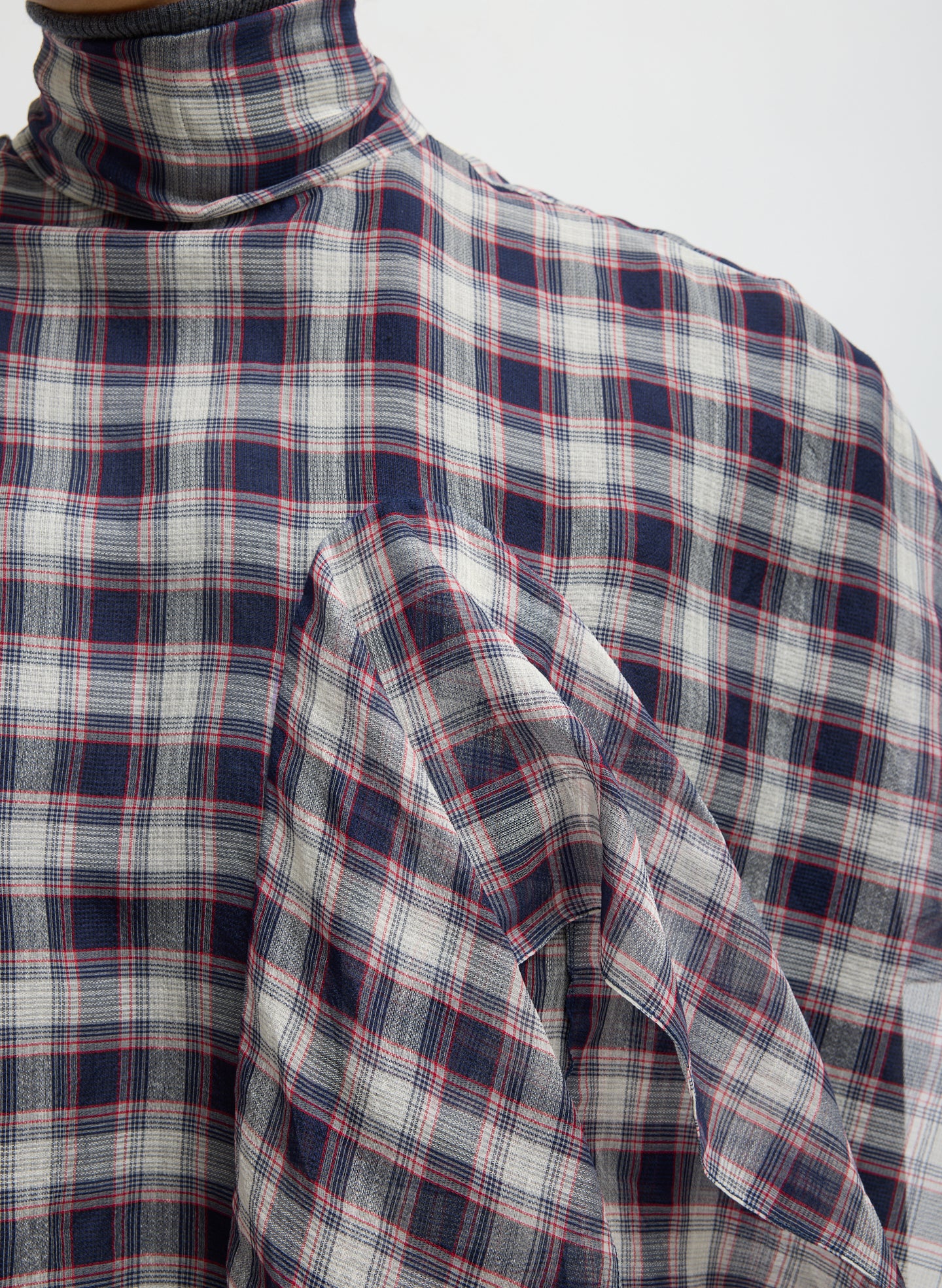 Black and Red Silk Cotton Plaid Cape Tie Top - detail shot