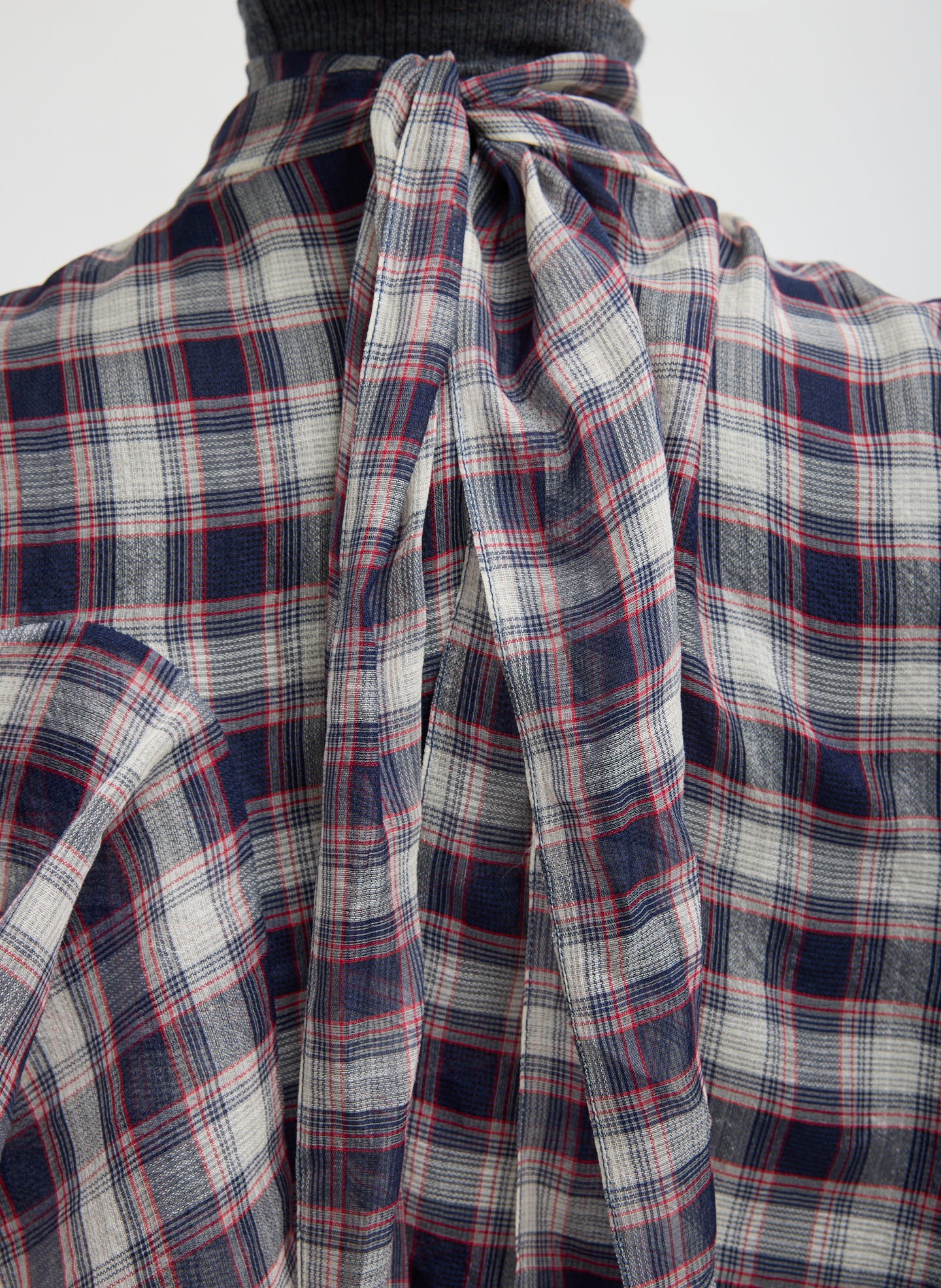 Black and Red Silk Cotton Plaid Cape Tie Top - detail shot