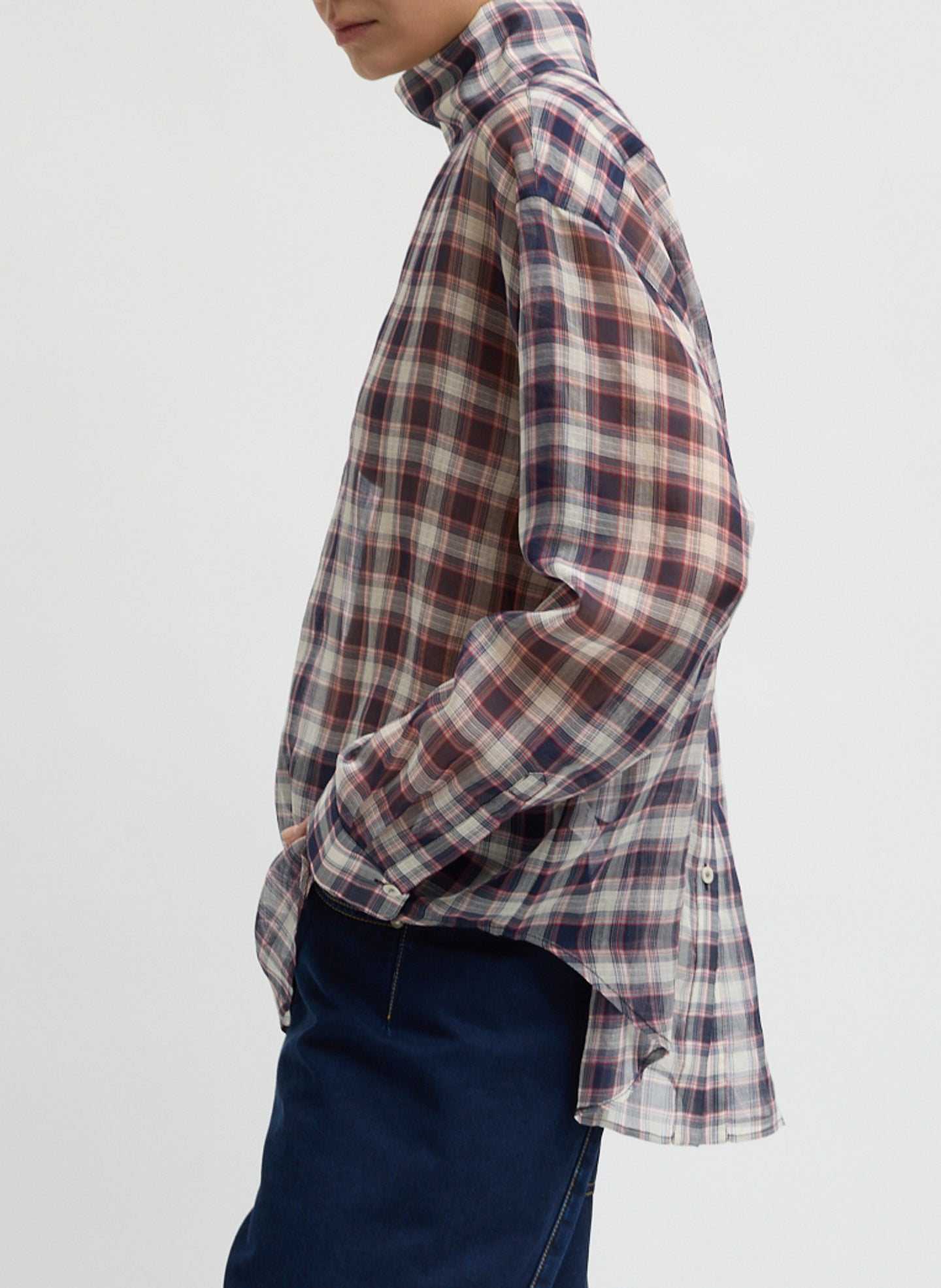 Black and Red Silk Cotton Plaid Funnel Neck Shirt - side view on model