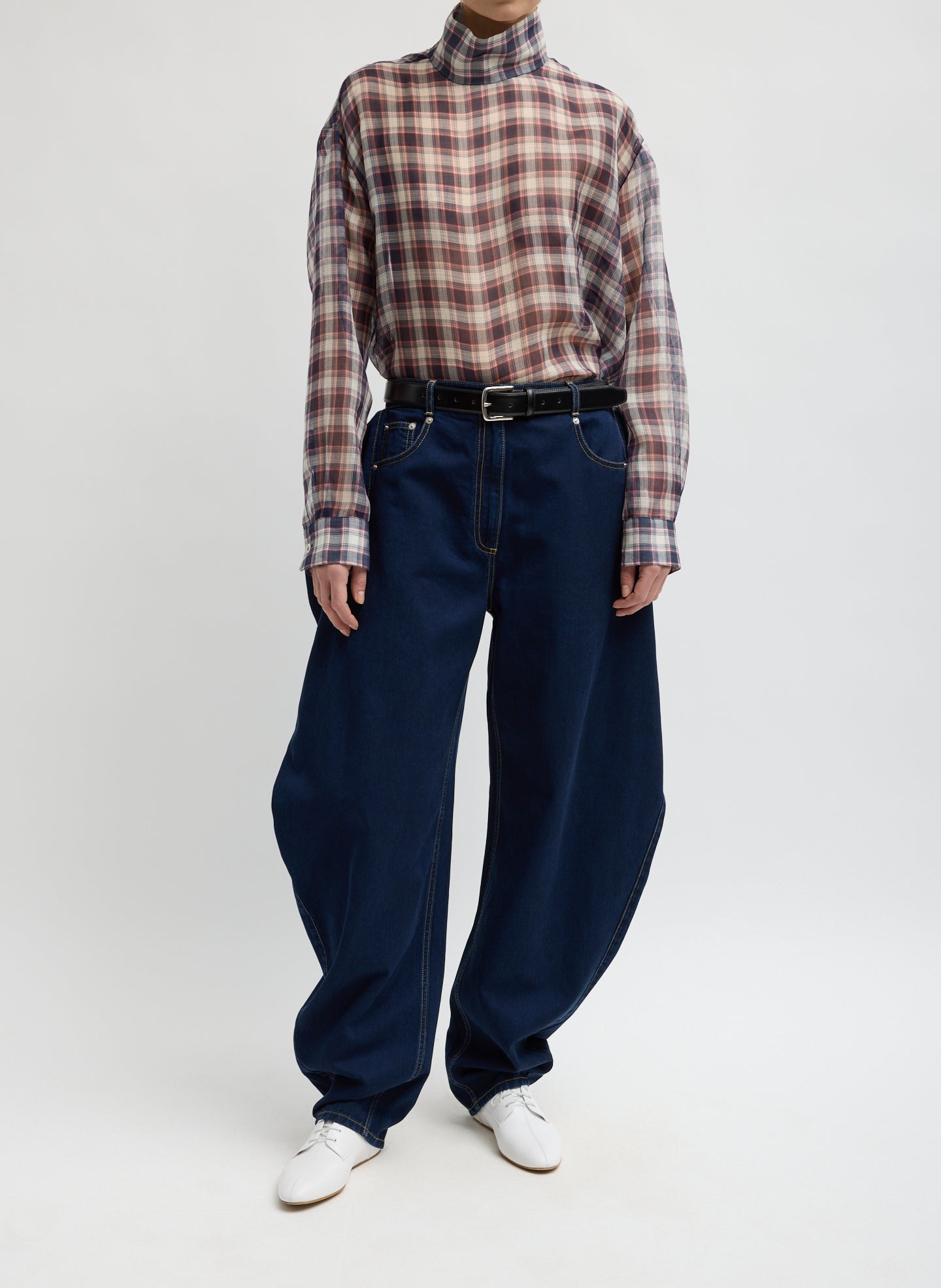 Indigo Tencel Cotton Denim Aleda Jean - barrel leg jean, front view on model