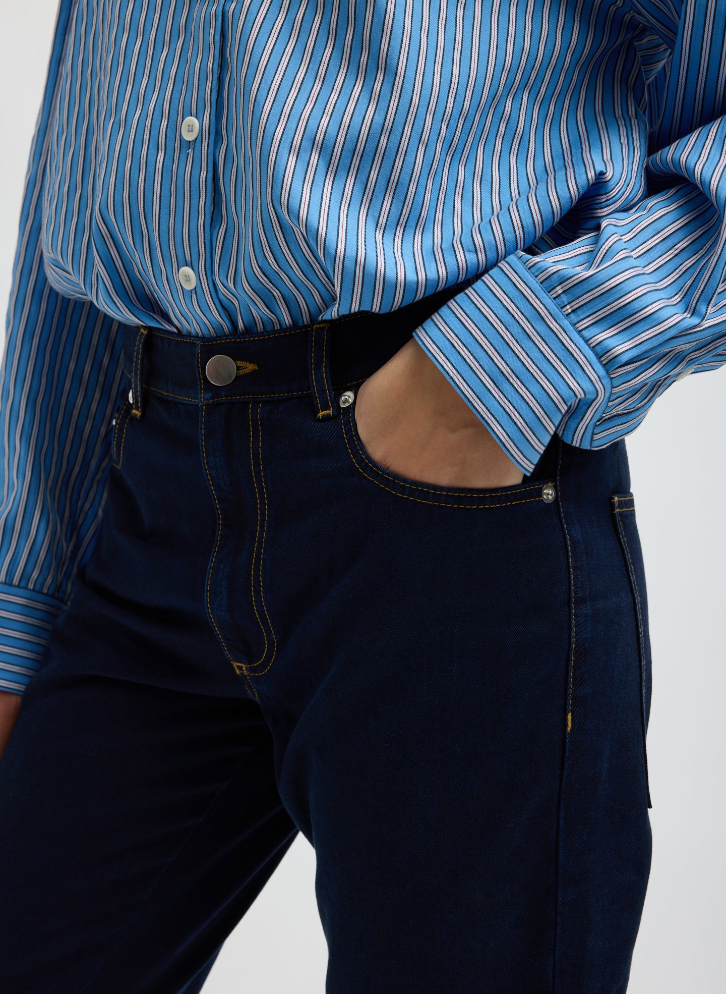 Indigo Tencel Cotton Denim Triton Slim Jean - closeup of front pocket detail