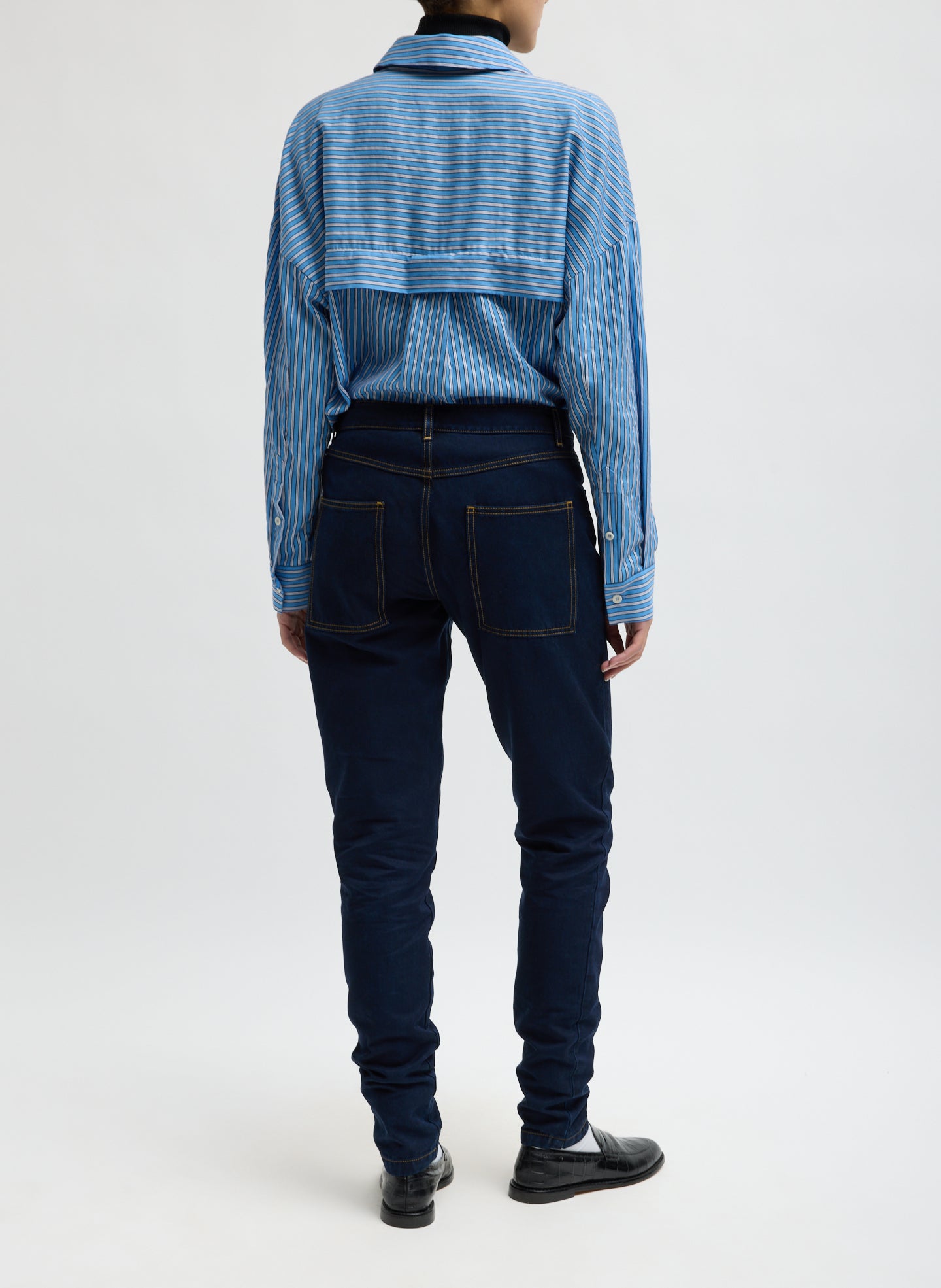 Indigo Tencel Cotton Denim Triton Slim Jean - dark wash, slim fit, back view on model