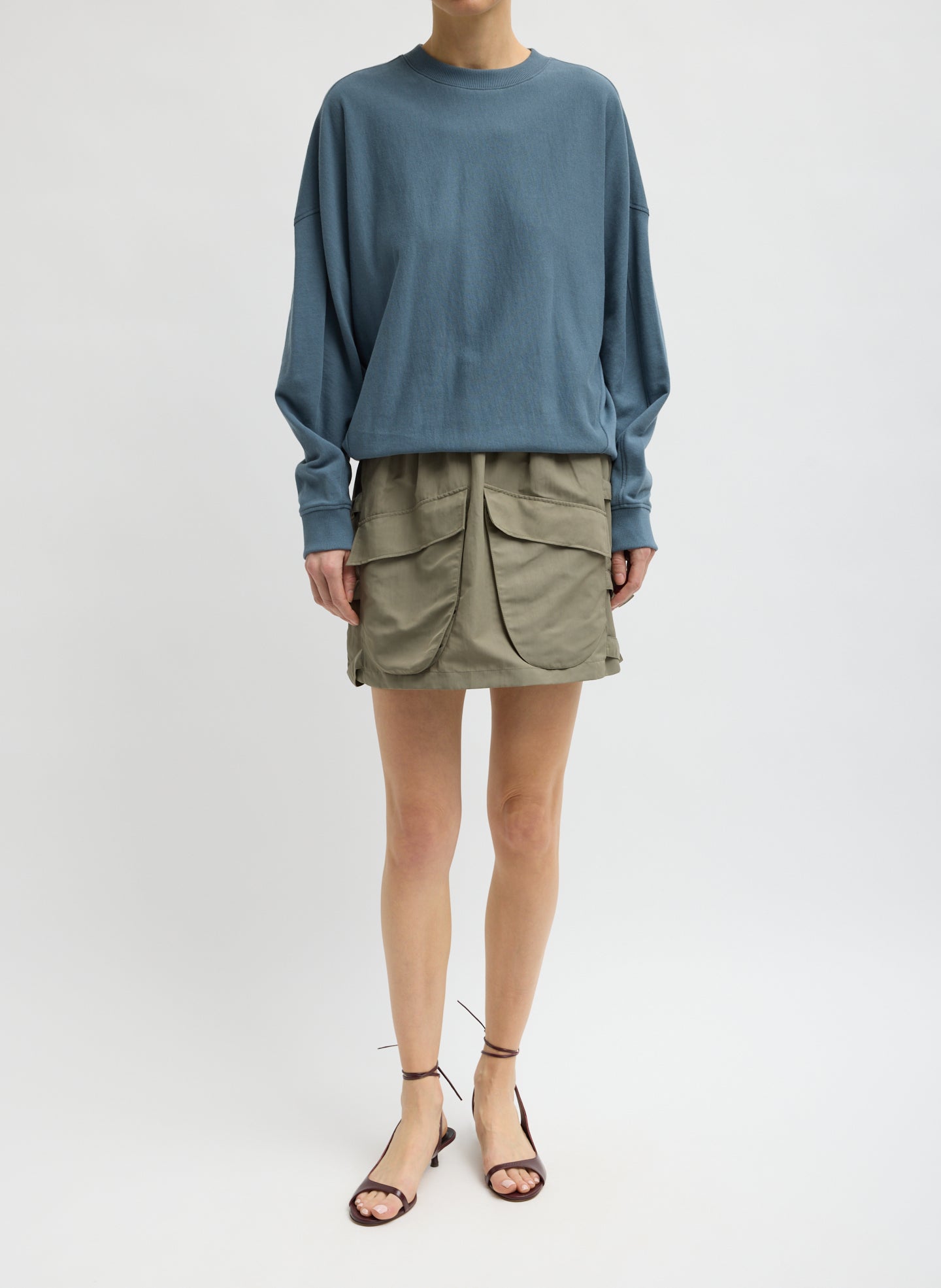 Dark Hazelnut Green Techy Twill Pull On Mini Skirt - full look, front view on model
