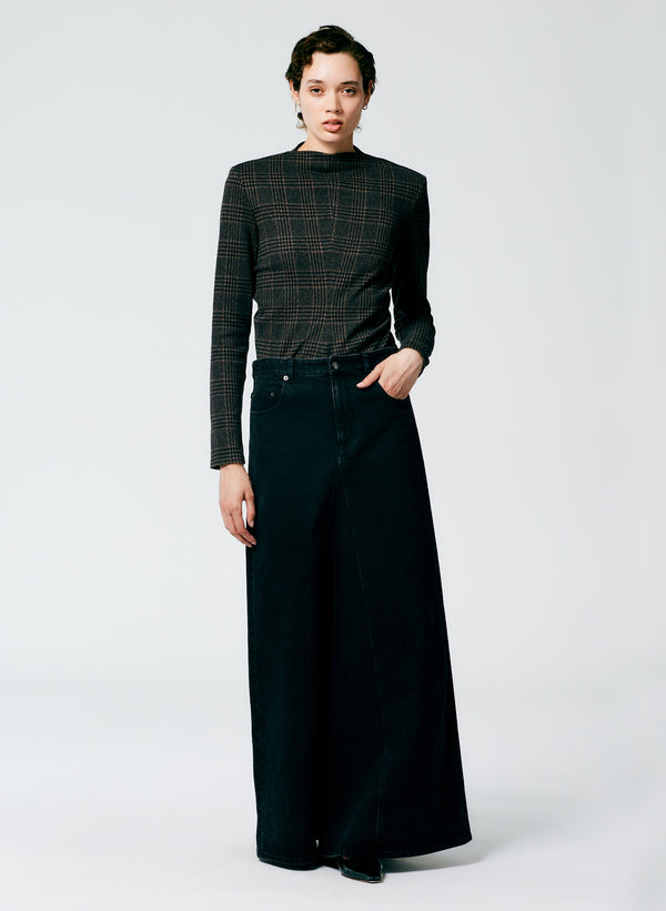 Black Denim Godet Maxi Skirt - Black-1