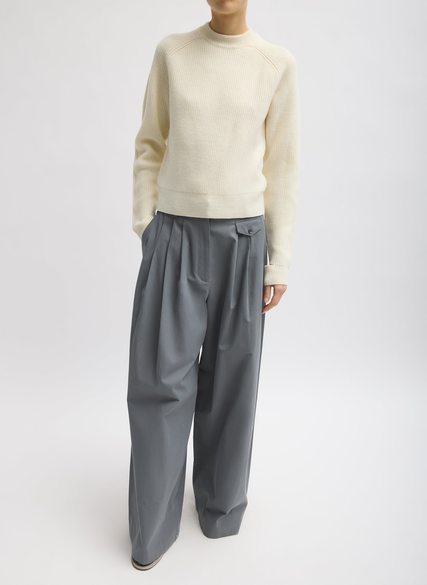 Ivory Cardigan Stitch Wool Shrunken Crewneck Pullover - full look, front view on model
