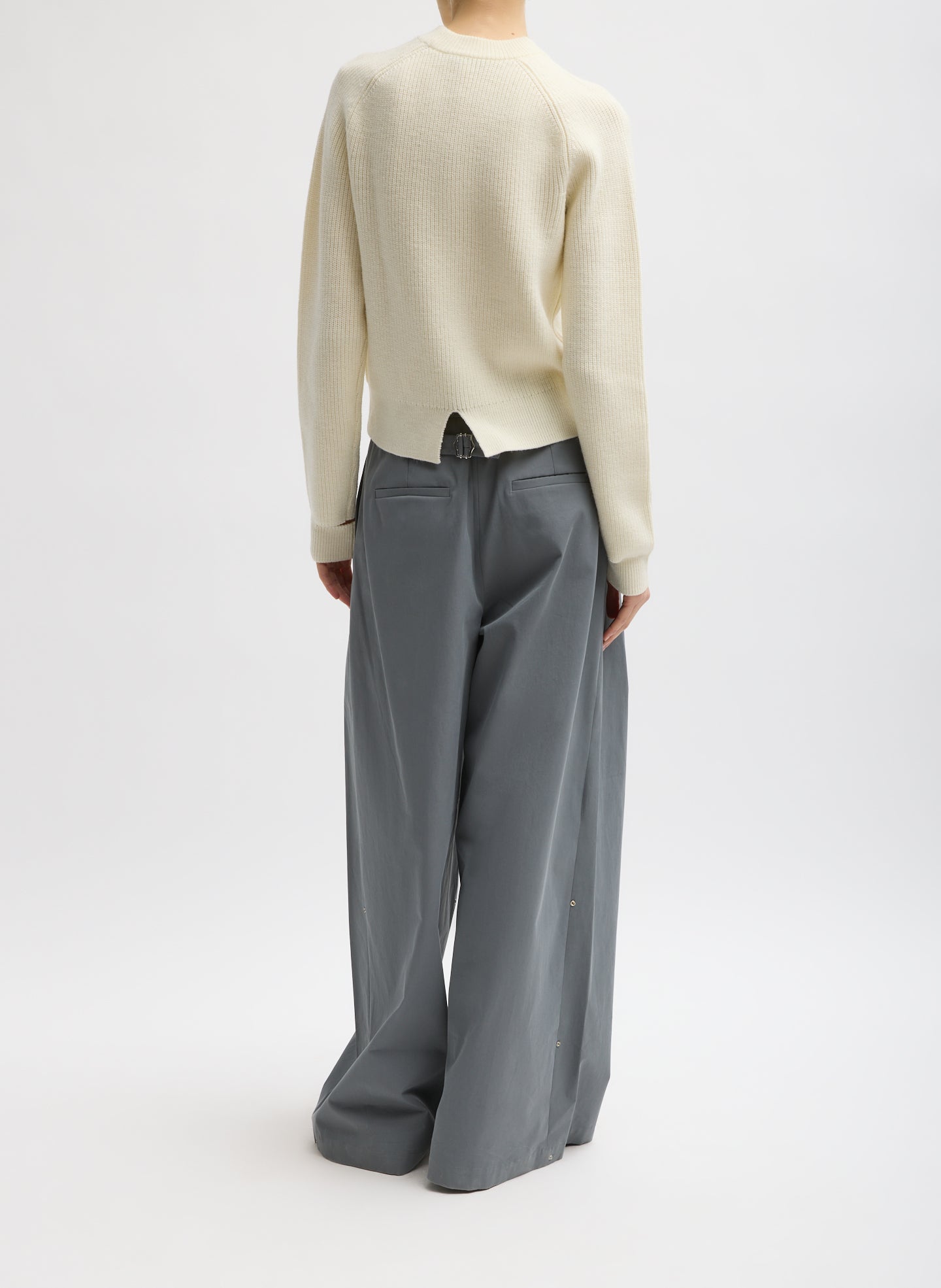 Ivory Cardigan Stitch Wool Shrunken Crewneck Pullover - full look, back view on model