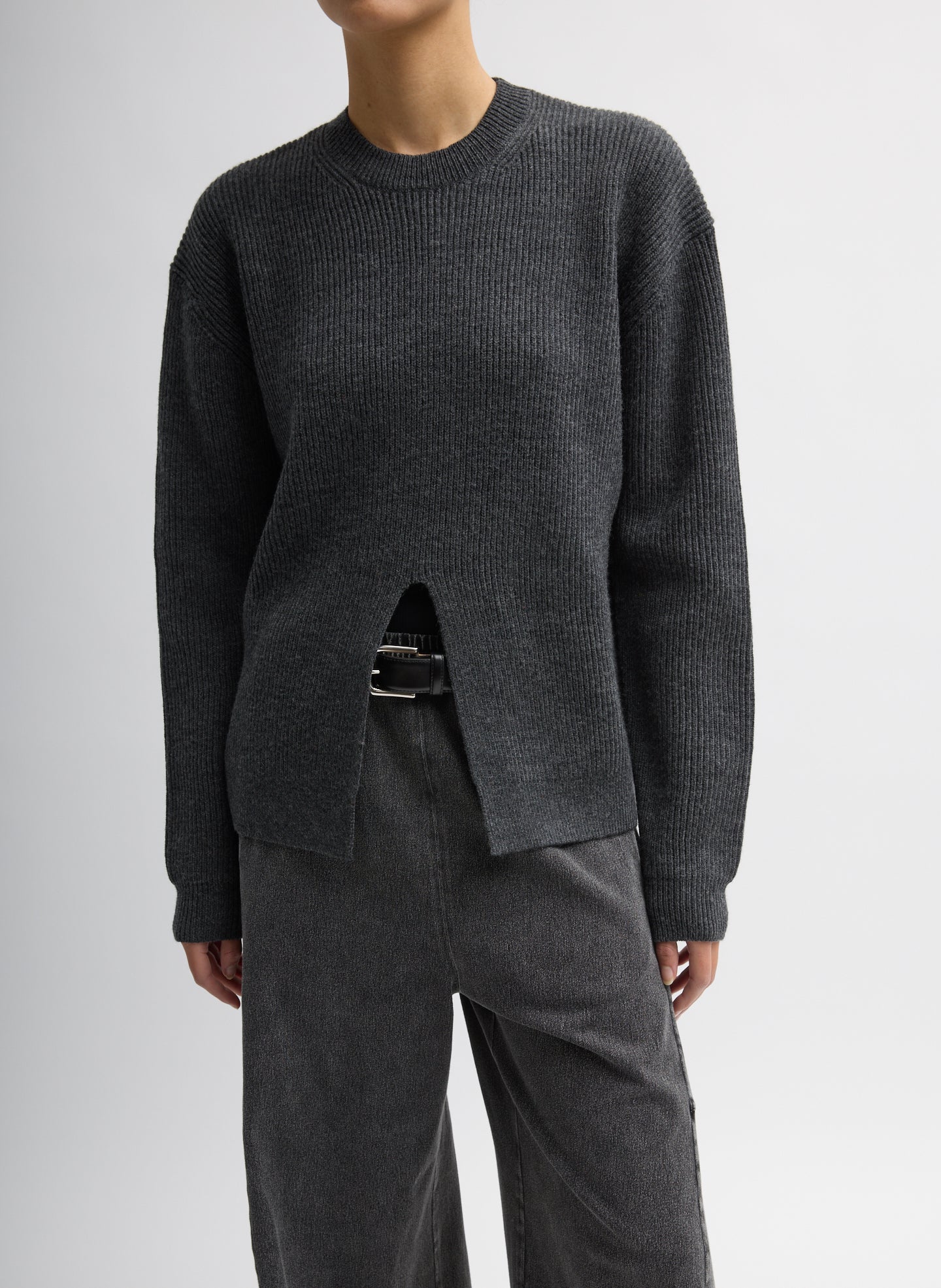 Dark Heather Grey Cardigan Stitch Split Front Crewneck Easy Pullover - front view on model