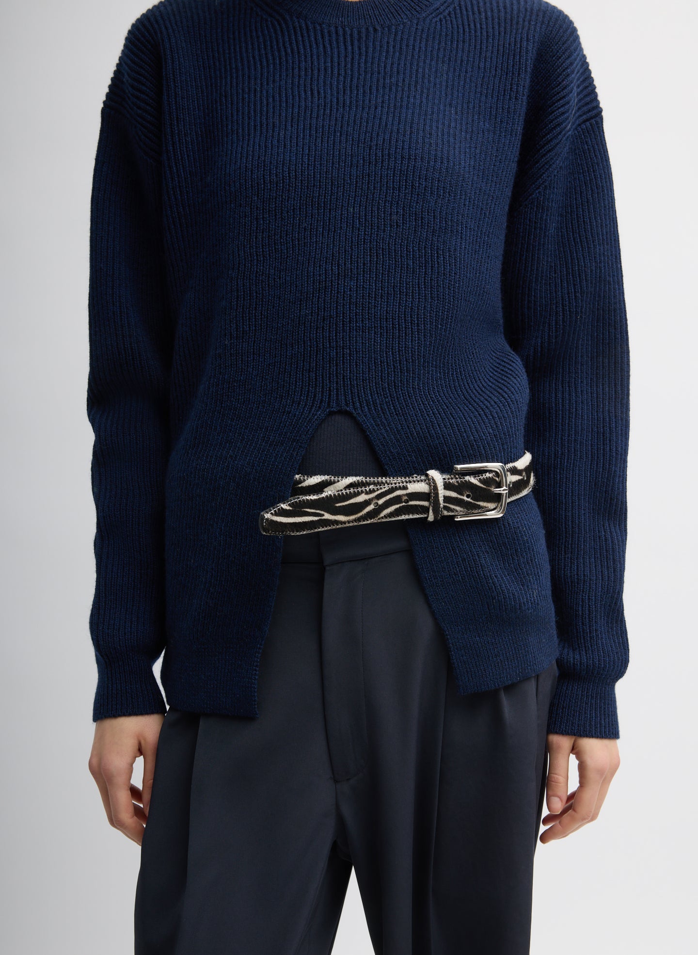 Dark Navy Cardigan Stitch Split Front Crewneck Easy Pullover -closeup of split front detail