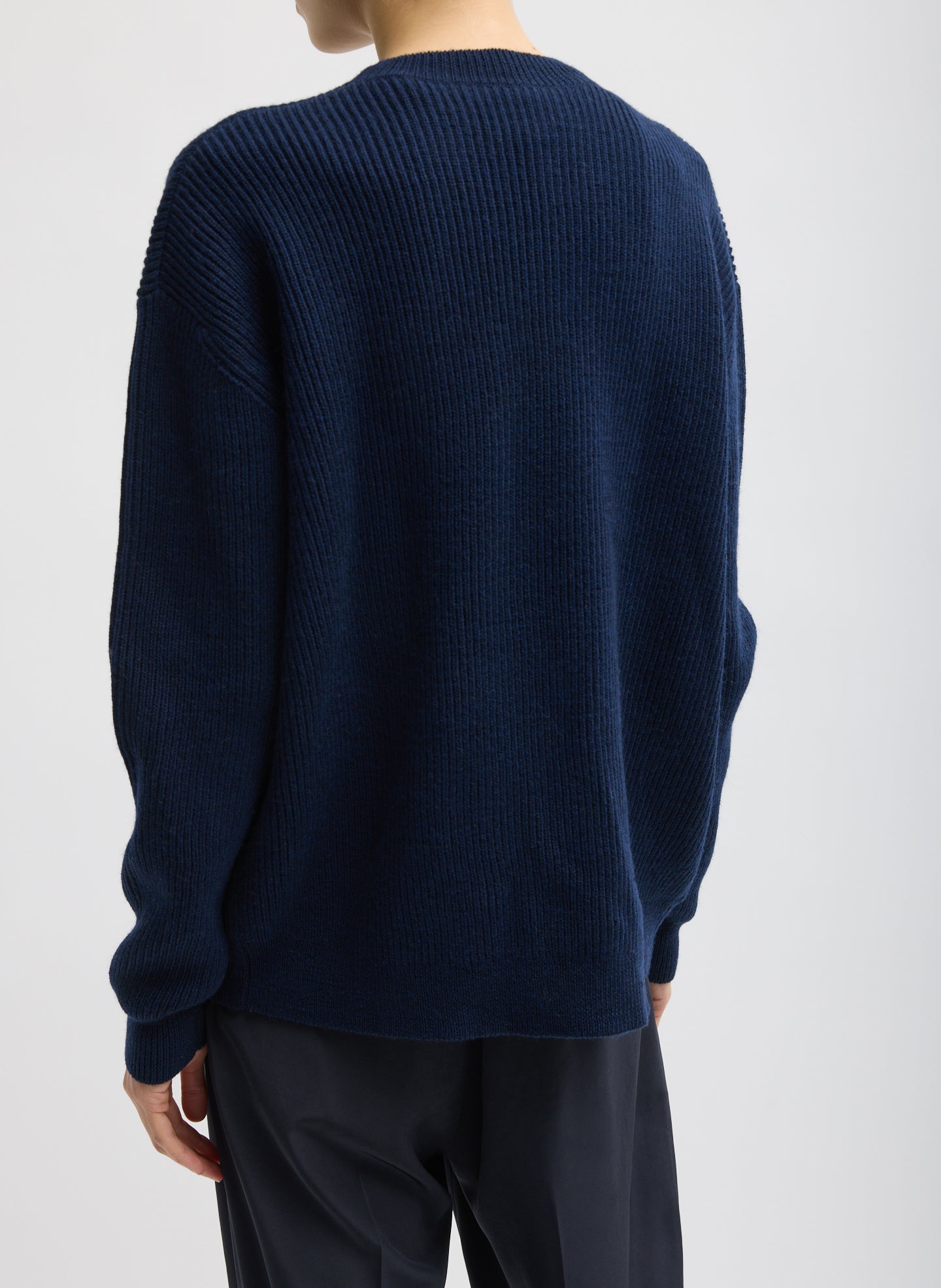 Dark Navy Cardigan Stitch Split Front Crewneck Easy Pullover - back view on model