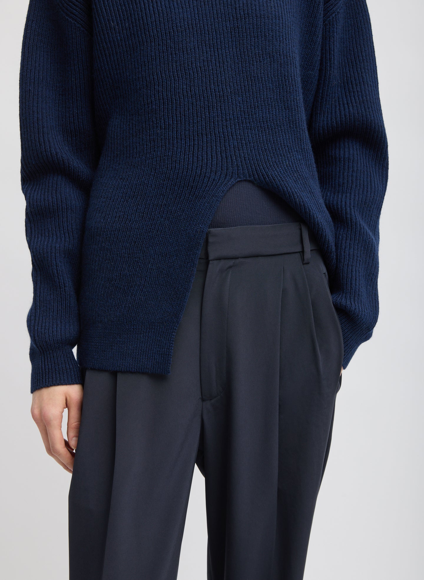 Dark Navy Cardigan Stitch Split Front Crewneck Easy Pullover - closeup of split front detail