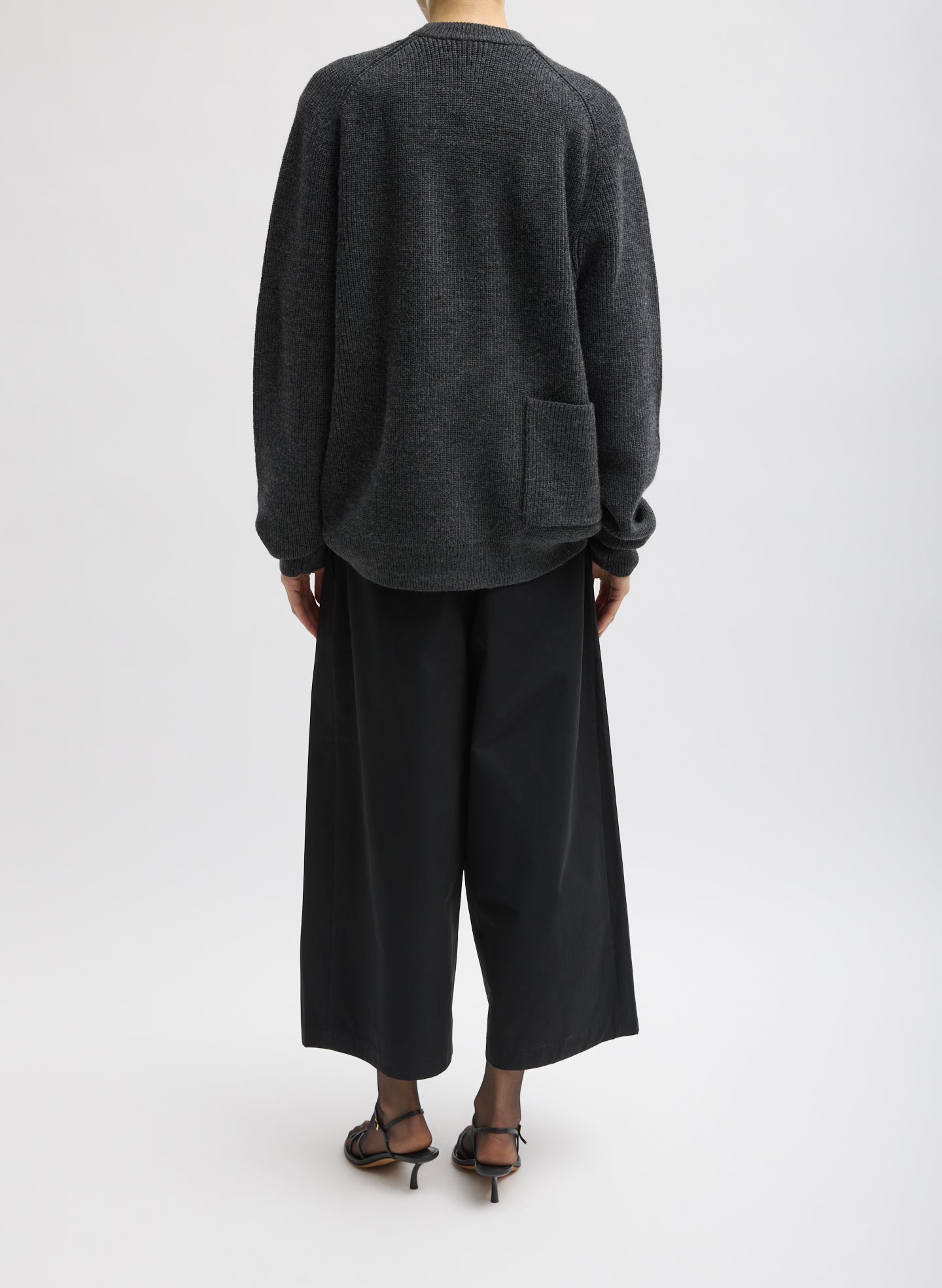 Dark Heather Grey Cardigan Stitch V-Neck Easy Pullover - full look, back view on model