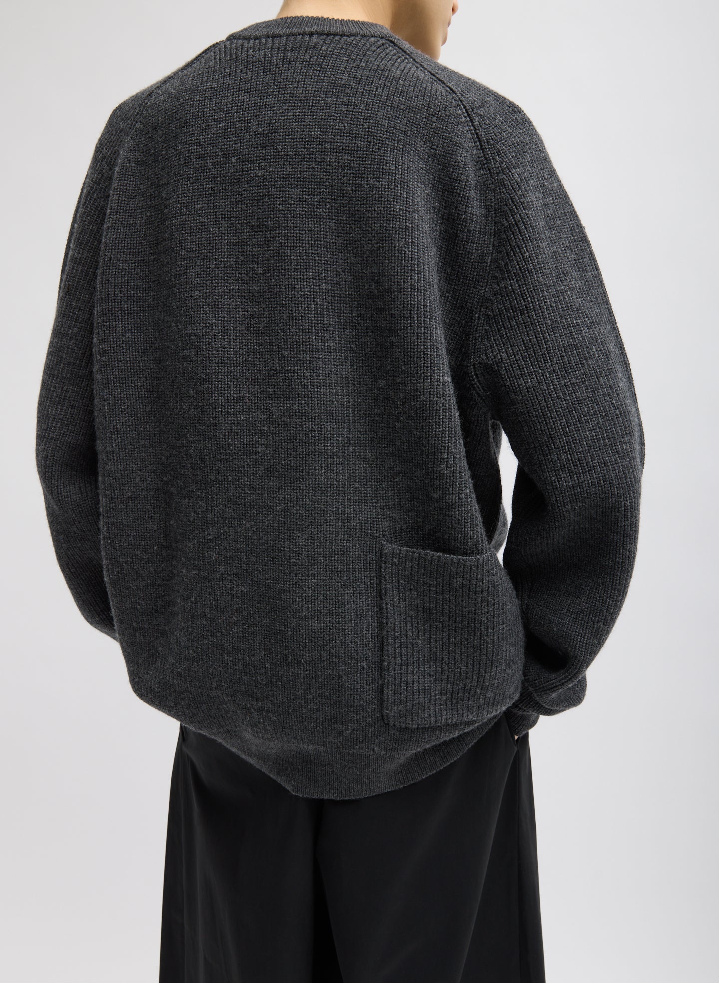 Dark Heather Grey Cardigan Stitch V-Neck Easy Pullover - relaxed fit, back view on model
