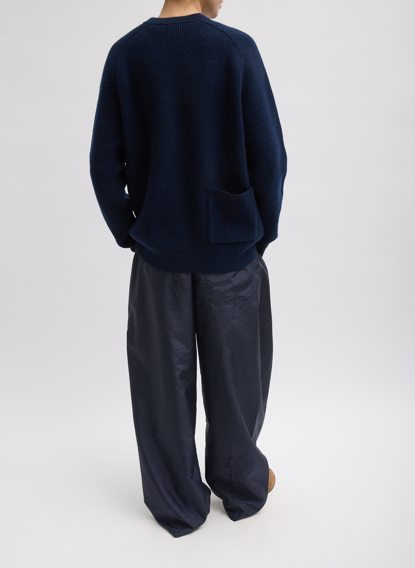 Dark Navy Cardigan Stitch V-Neck Easy Pullover - full look, back view on model