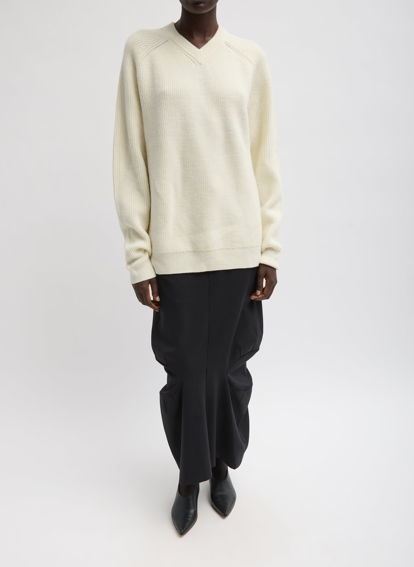 Ivory Cardigan Stitch V-Neck Easy Pullover - full look, front view on model