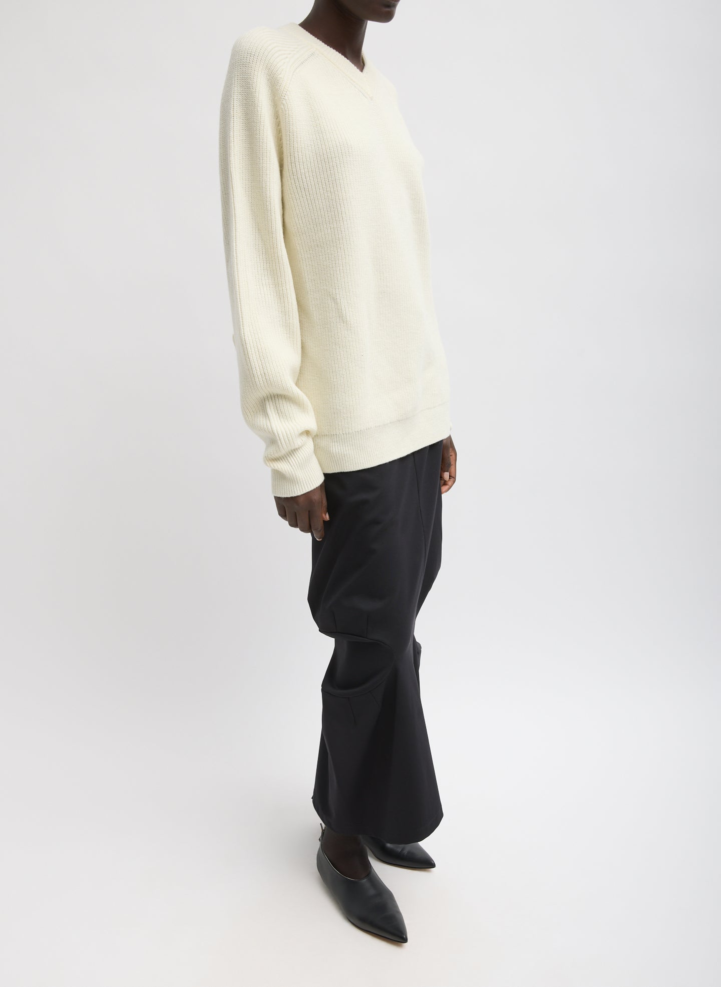 Ivory Cardigan Stitch V-Neck Easy Pullover - full look, side view on model