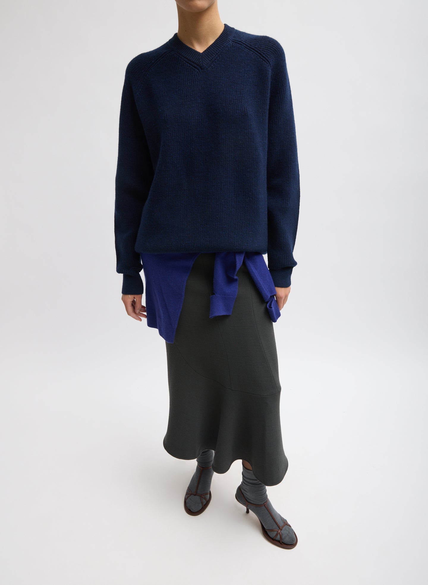 Dark Navy Cardigan Stitch V-Neck Easy Pullover - full look, front view on model