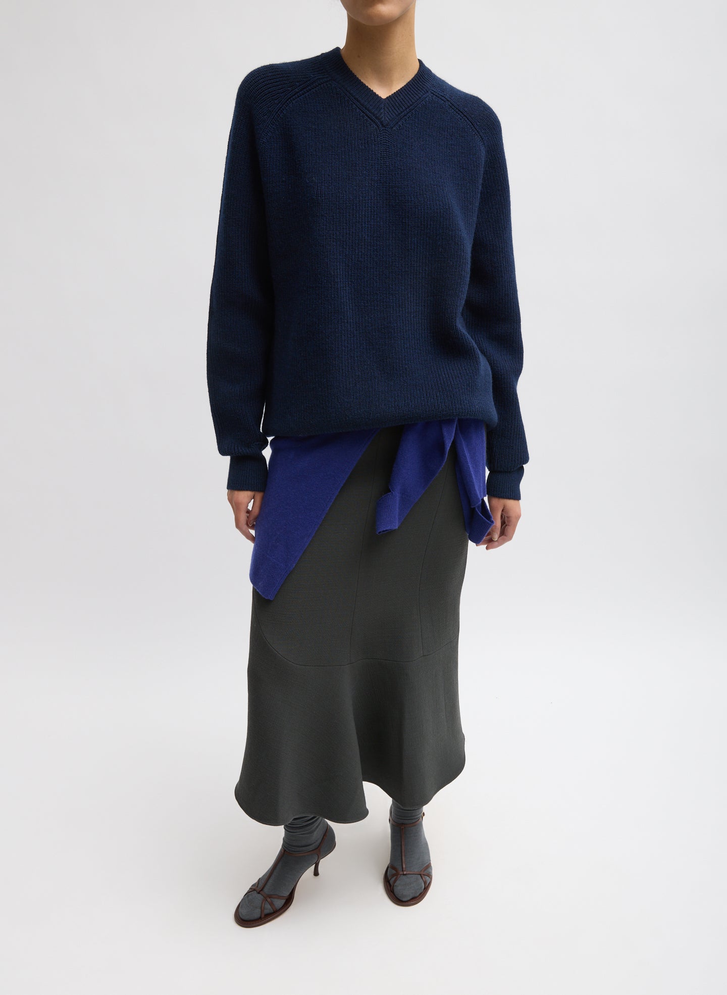Dark Navy Cardigan Stitch V-Neck Easy Pullover - full look, front view on model