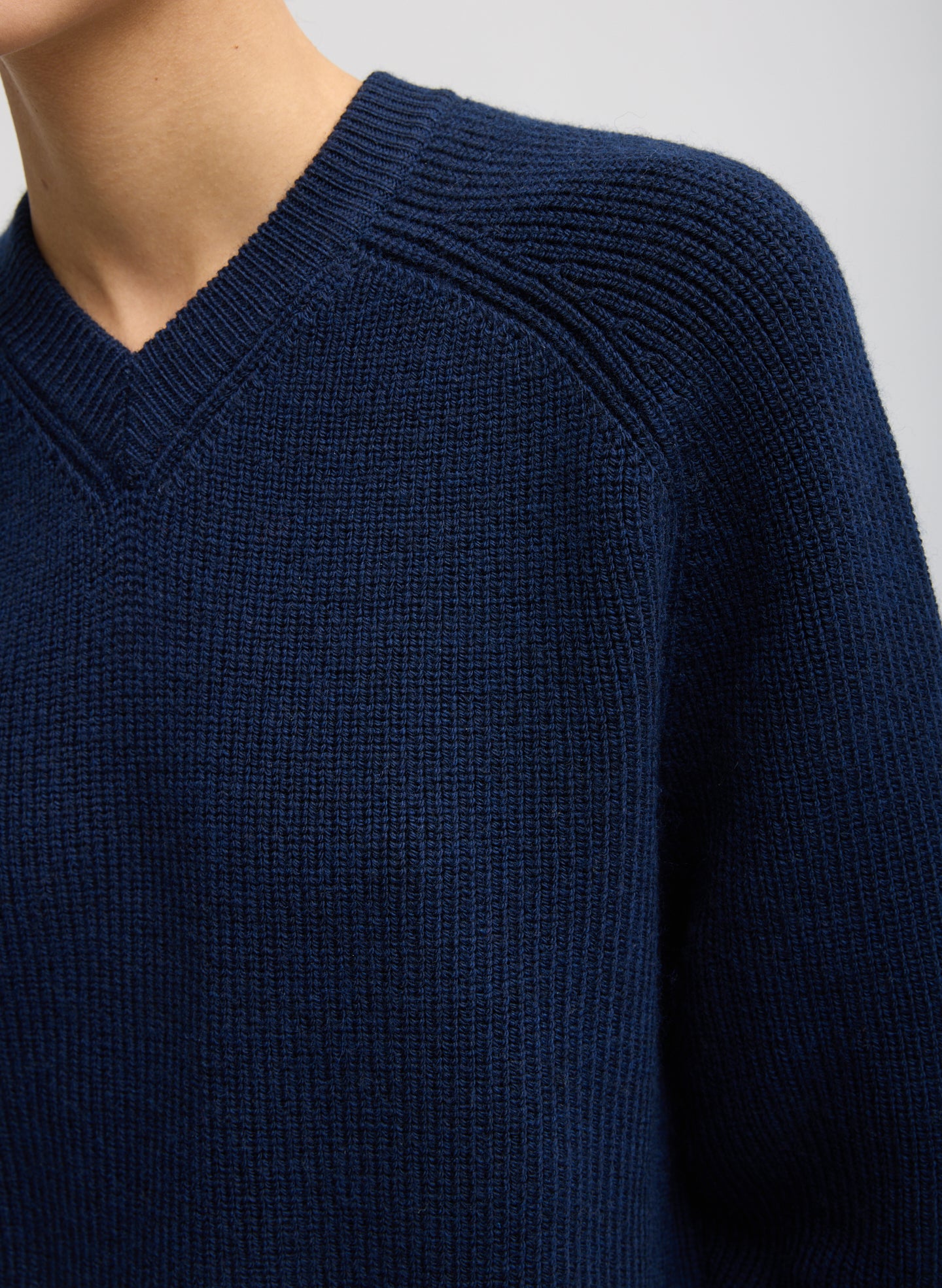 Dark Navy Cardigan Stitch V-Neck Easy Pullover - closeup of stitch detail
