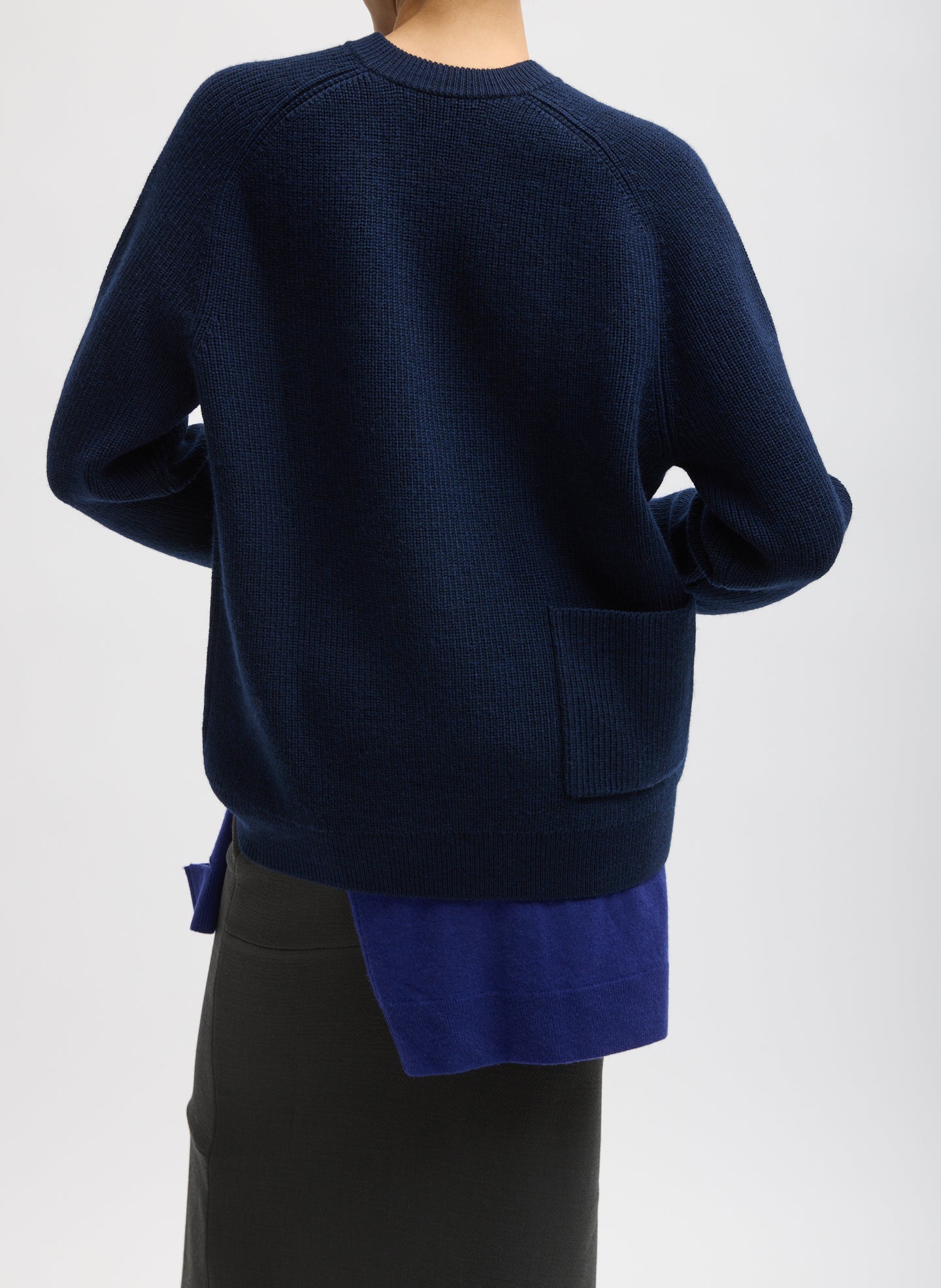 Dark Navy Cardigan Stitch V-Neck Easy Pullover - relaxed fit, back view on model