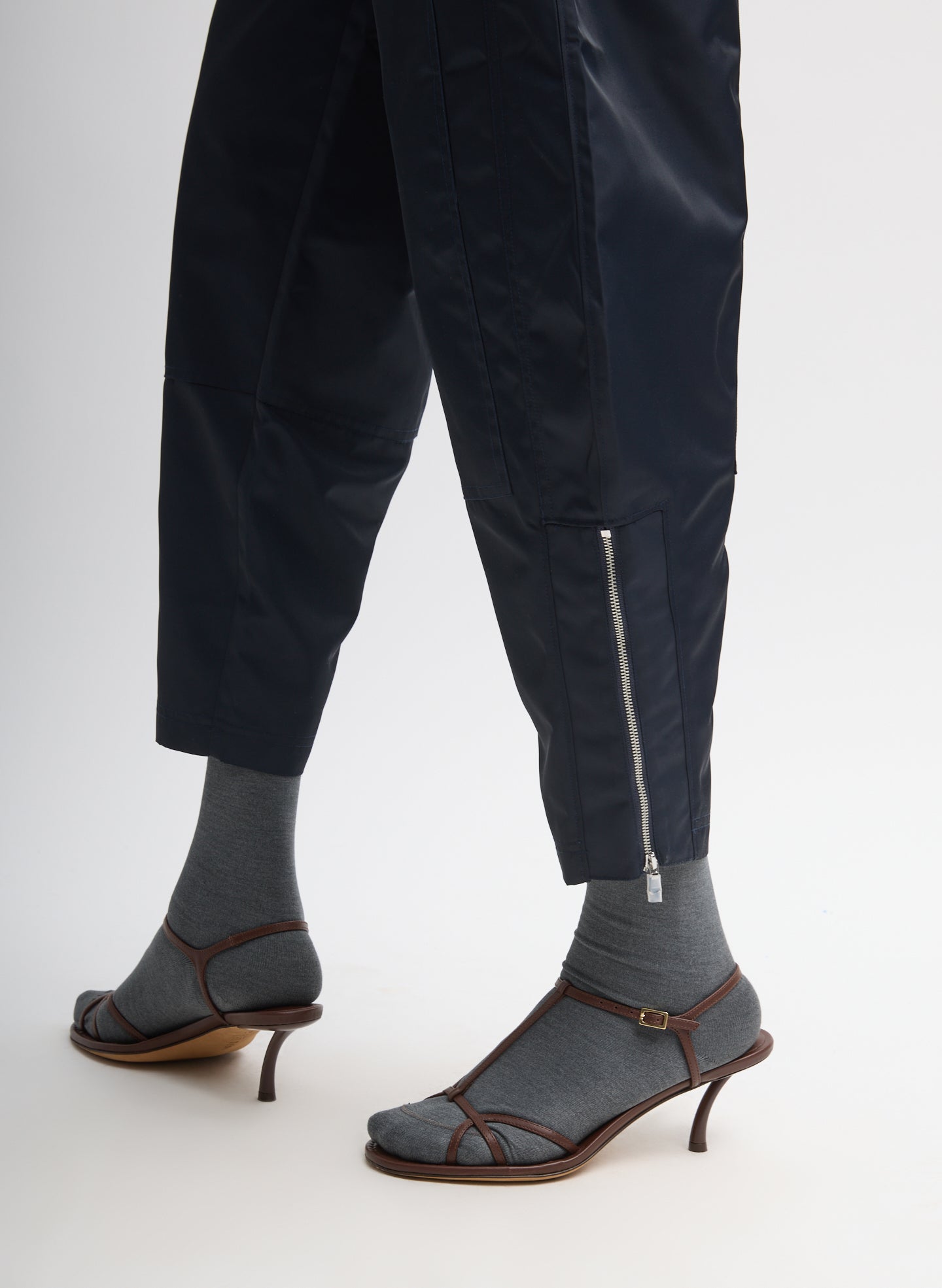 Navy Eco Nylon Colt Trouser - closeup of zipper detail at ankle