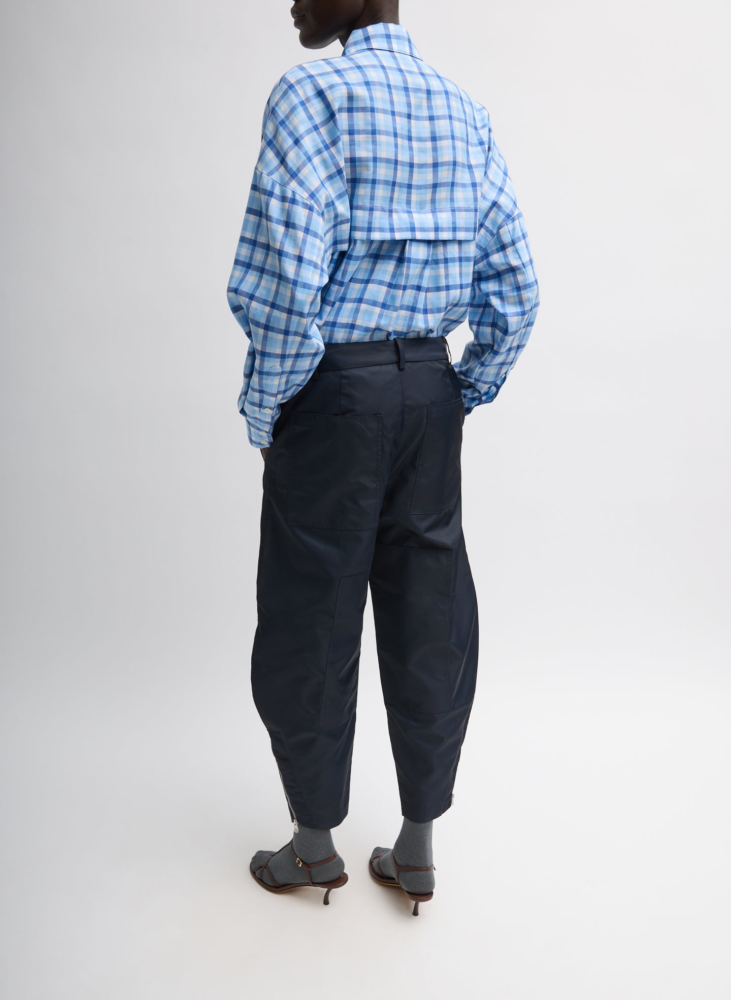 Navy Eco Nylon Colt Trouser - barrel leg, full look, back view on model