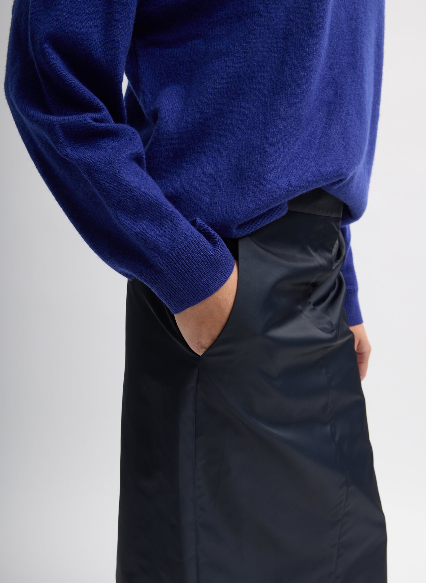 Navy Eco Nylon Midi Trouser Skirt - closeup of side pocket detail