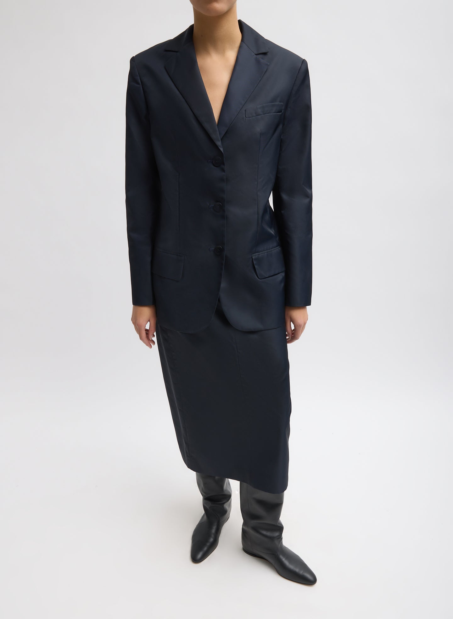 Navy Eco Nylon Midi Trouser Skirt - full look, front view on model