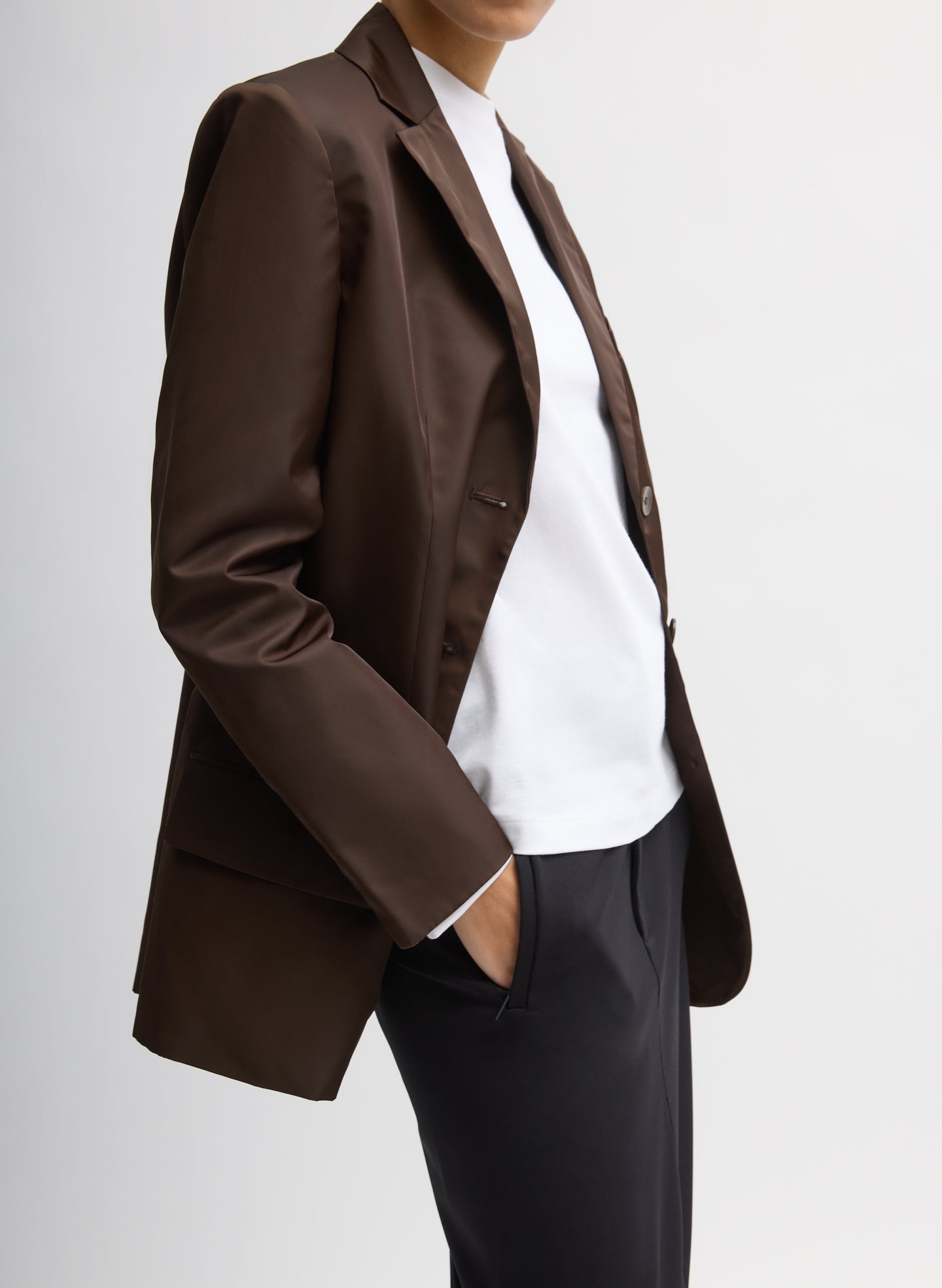 Brown Eco Nylon Max Blazer - unbuttoned, side view on model