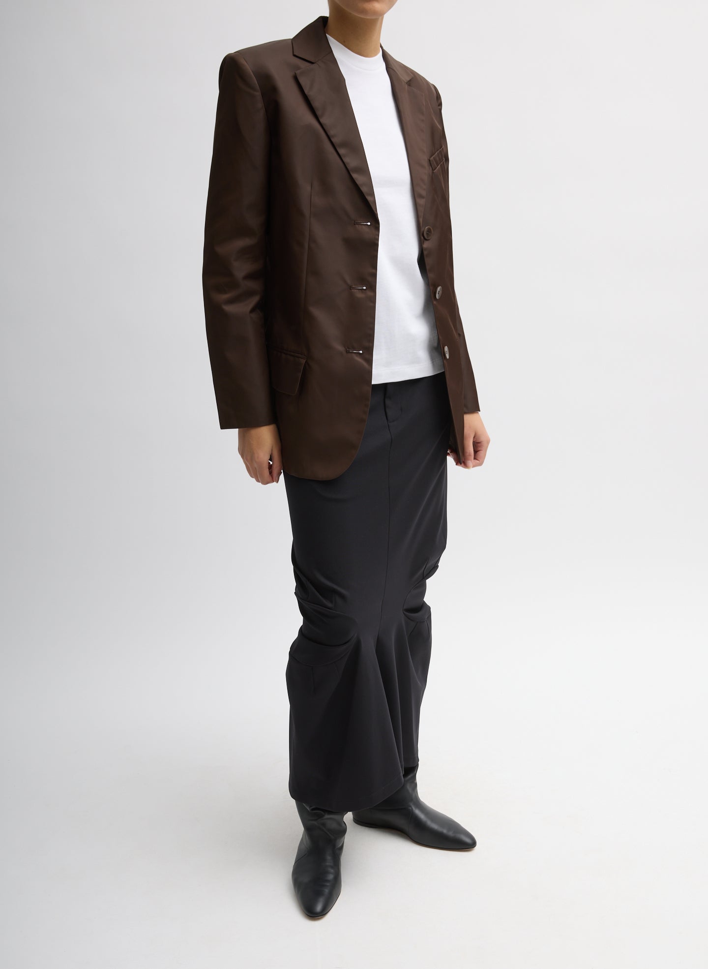 Brown Eco Nylon Max Blazer - unbuttoned, full look on model