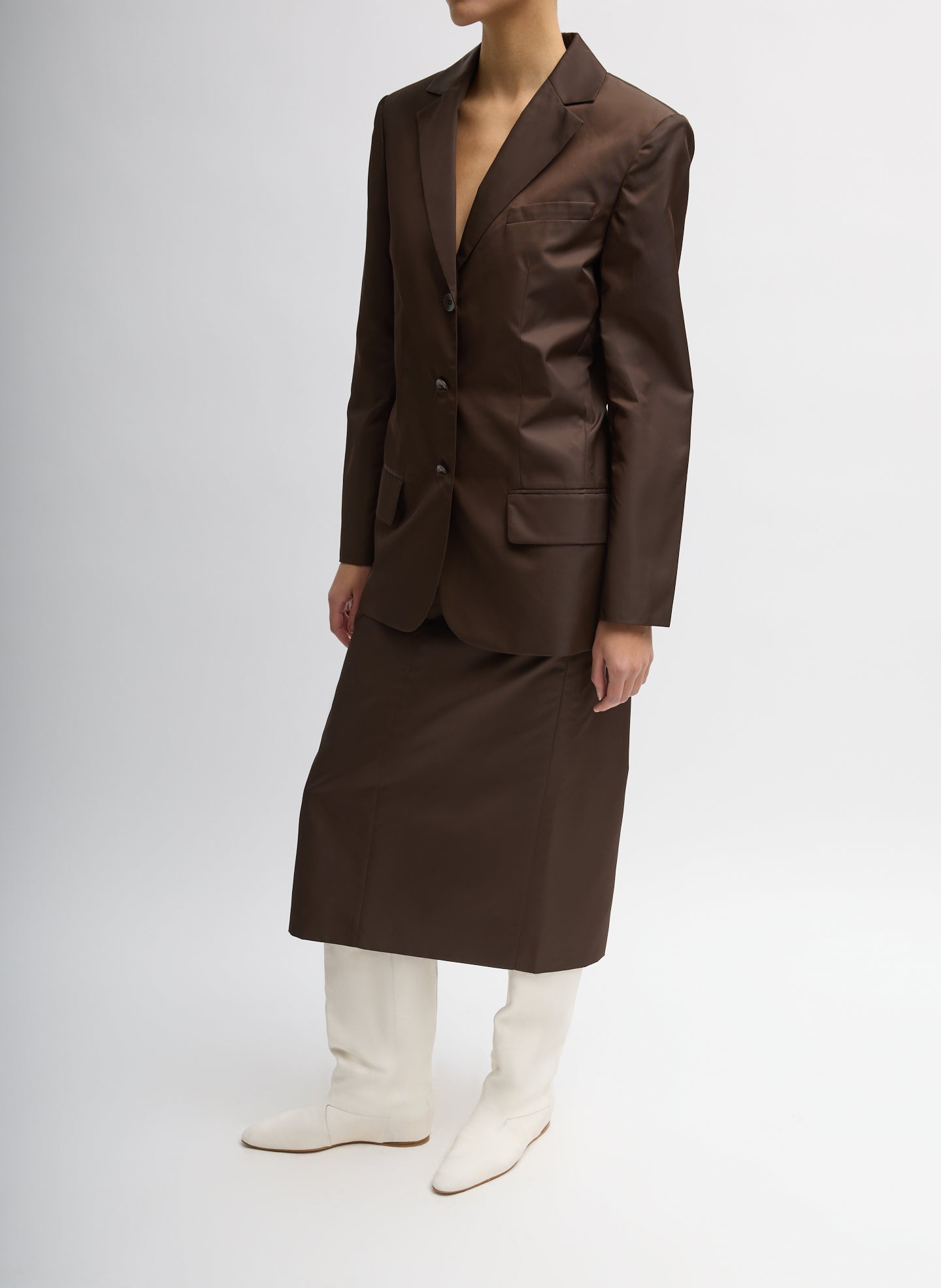 Brown Eco Nylon Max Blazer - full look, side view on model