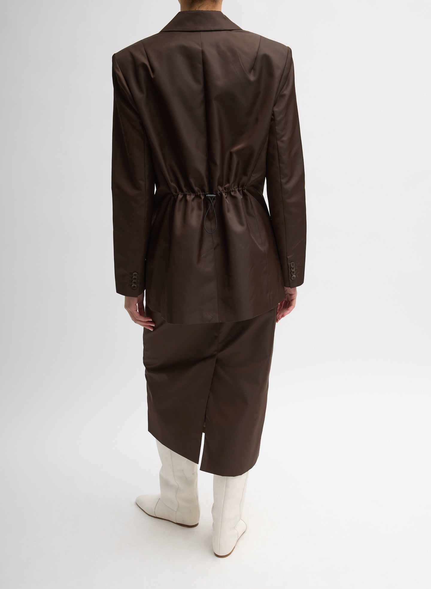 Brown Eco Nylon Max Blazer - full look, back view on model