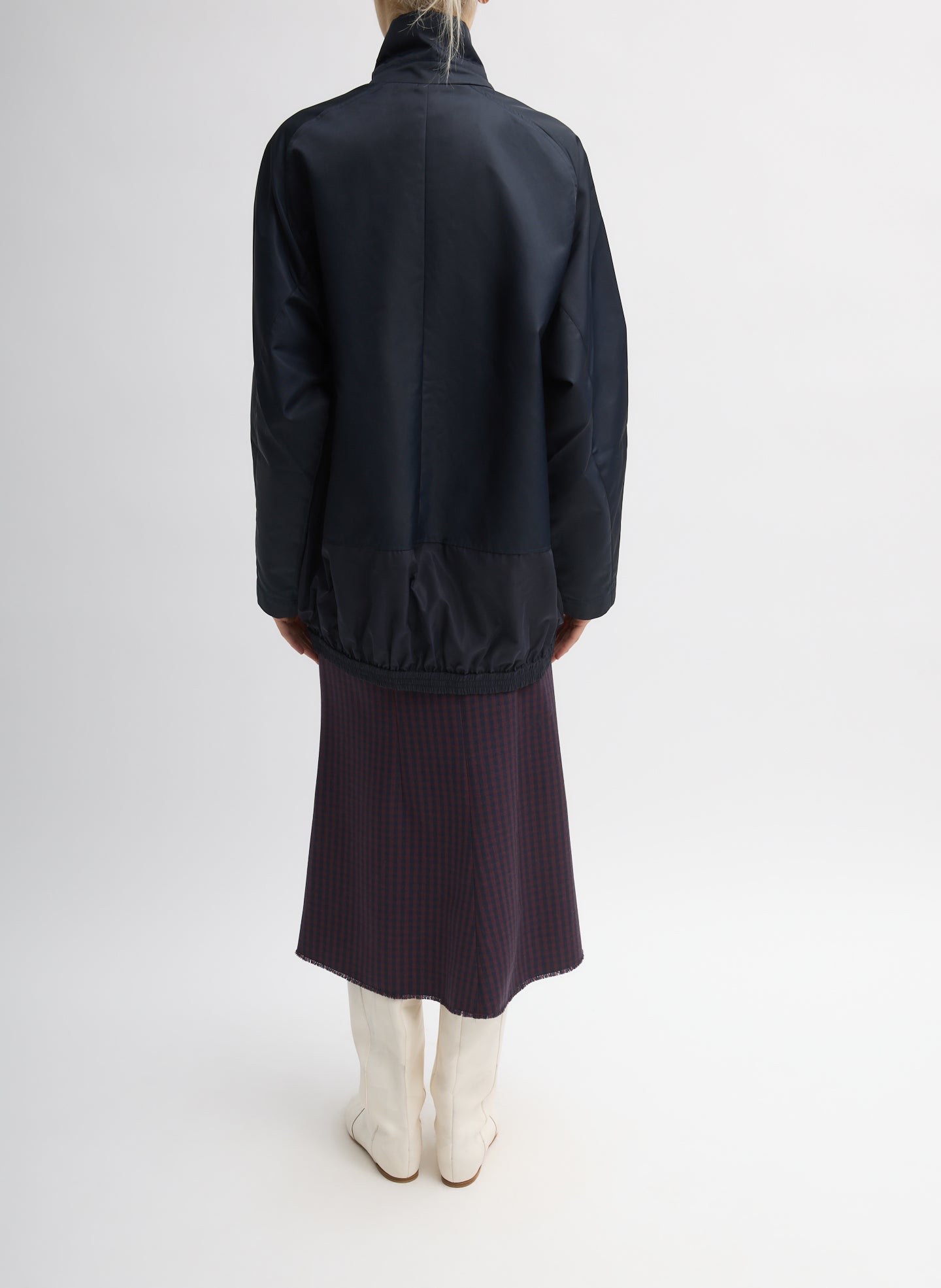 Navy Eco Nylon Bomber Blazer - full look, back view on model