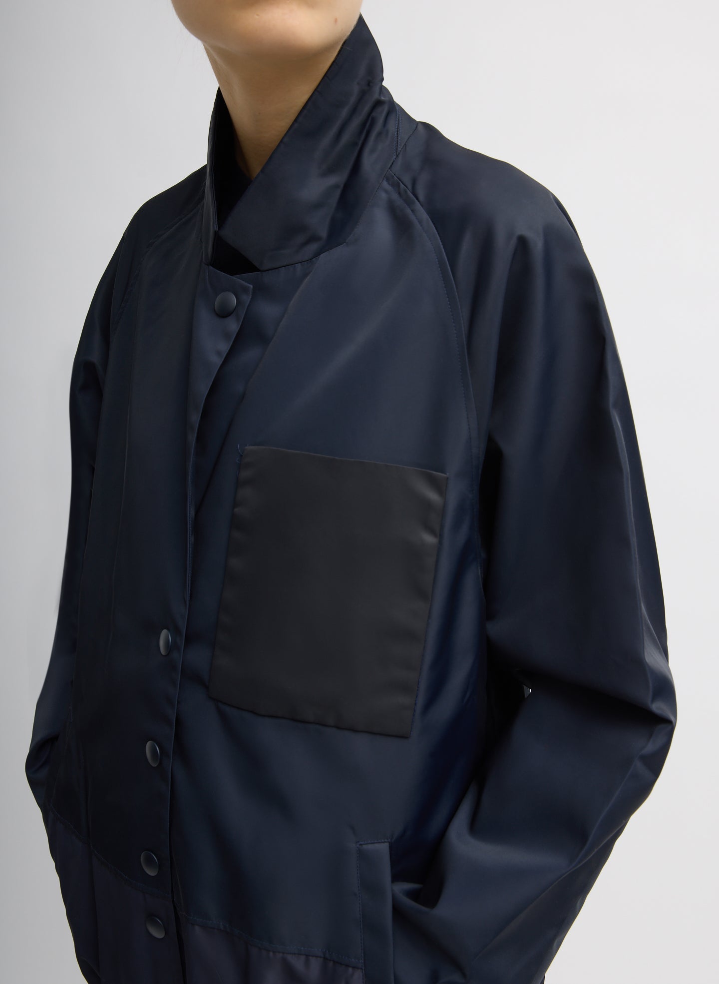 Navy Eco Nylon Bomber Blazer - closeup of front pocket detail