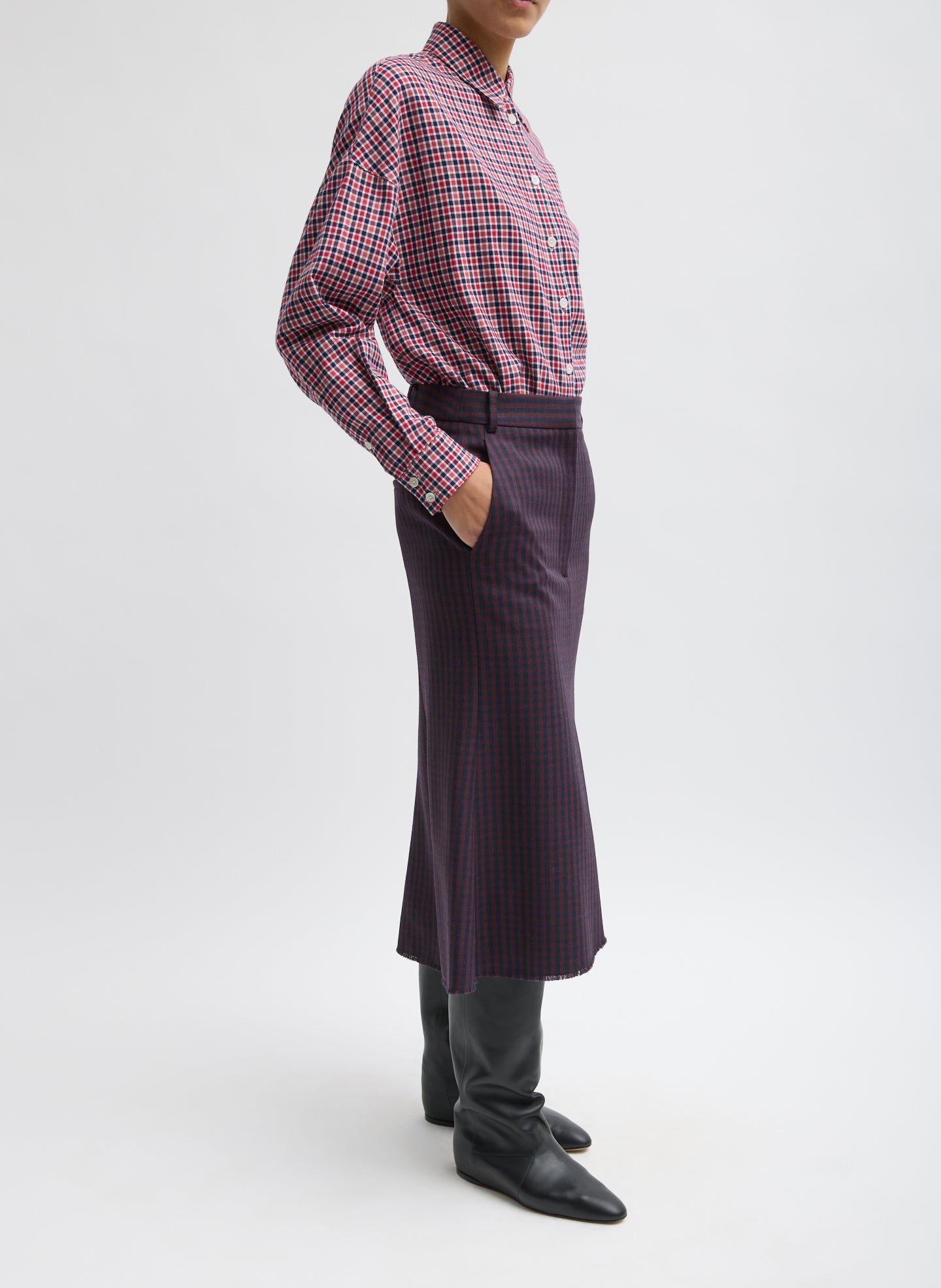 Red Multi Flannel Menswear Shirting Oversized Shirt - full look, side view on model