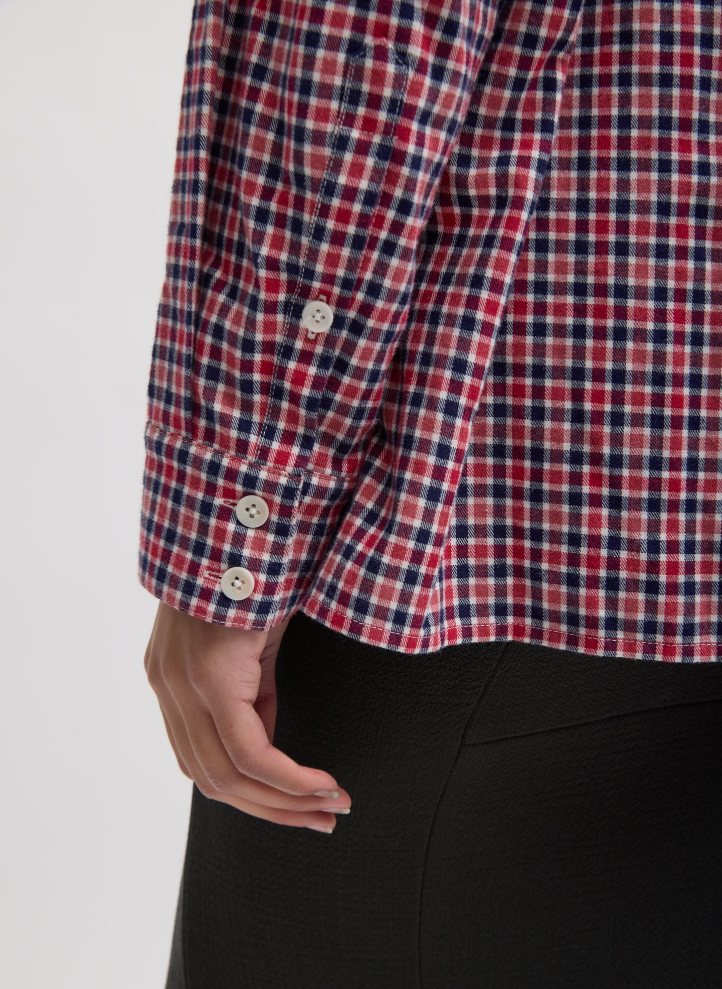 Red Multi Flannel Menswear Shirting Oversized Shirt - closeup of buttons at sleeve