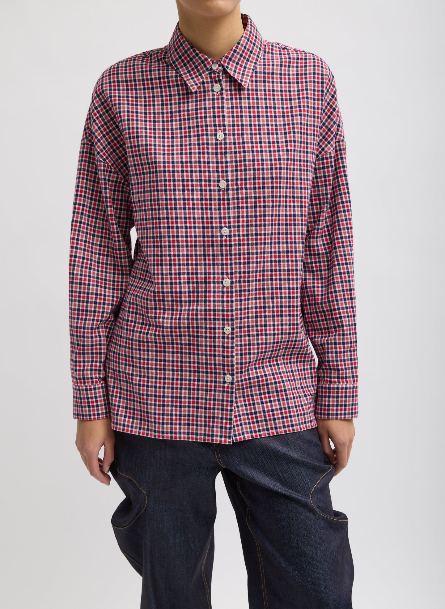 Red Multi Flannel Menswear Shirting Oversized Shirt - button down, front view on model