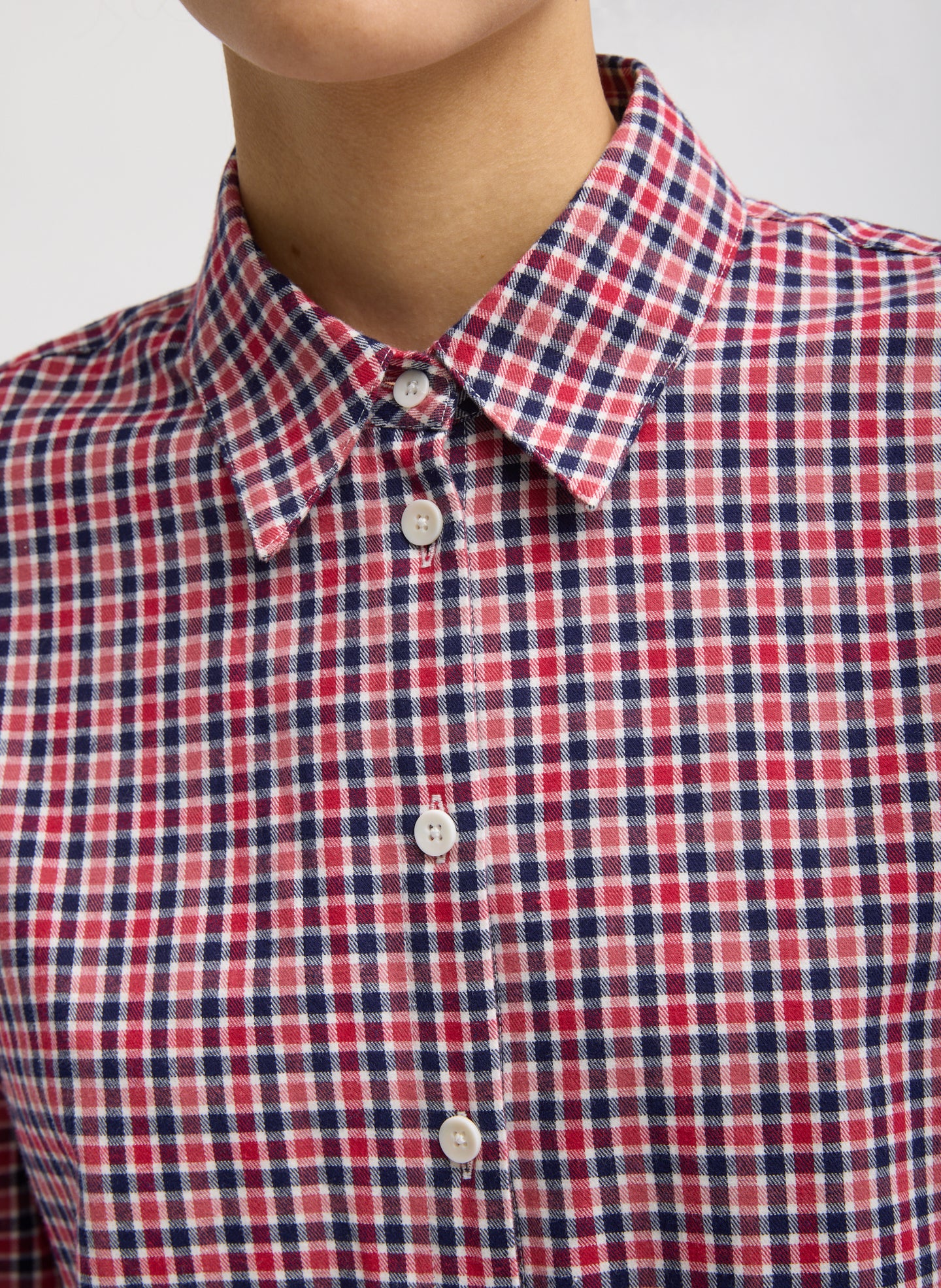 Red Multi Flannel Menswear Shirting Oversized Shirt - closeup of buttons and collared neckline