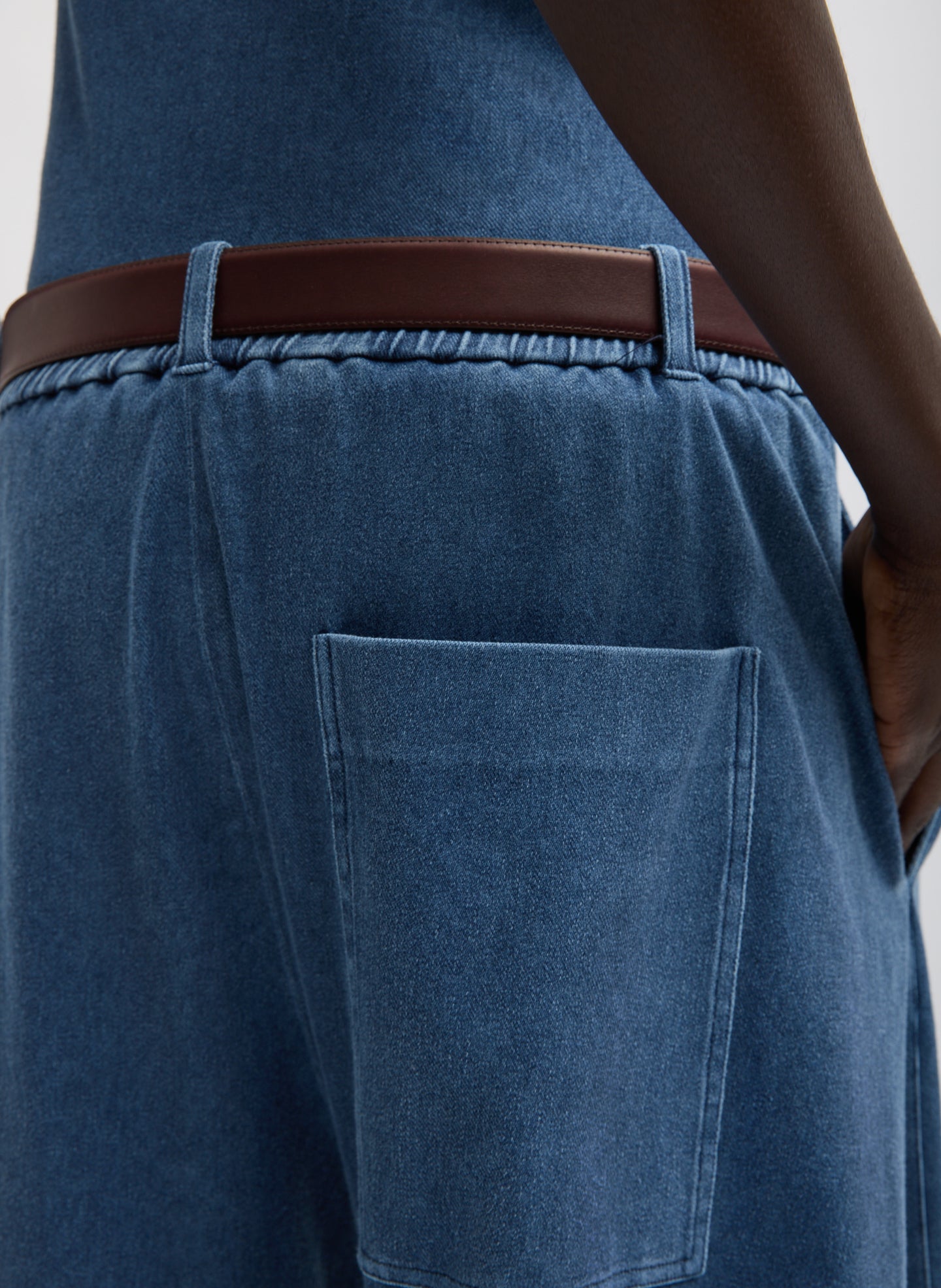 Classic Wash Stretch Denim Knit Winslow Pant - closeup of back pocket detail