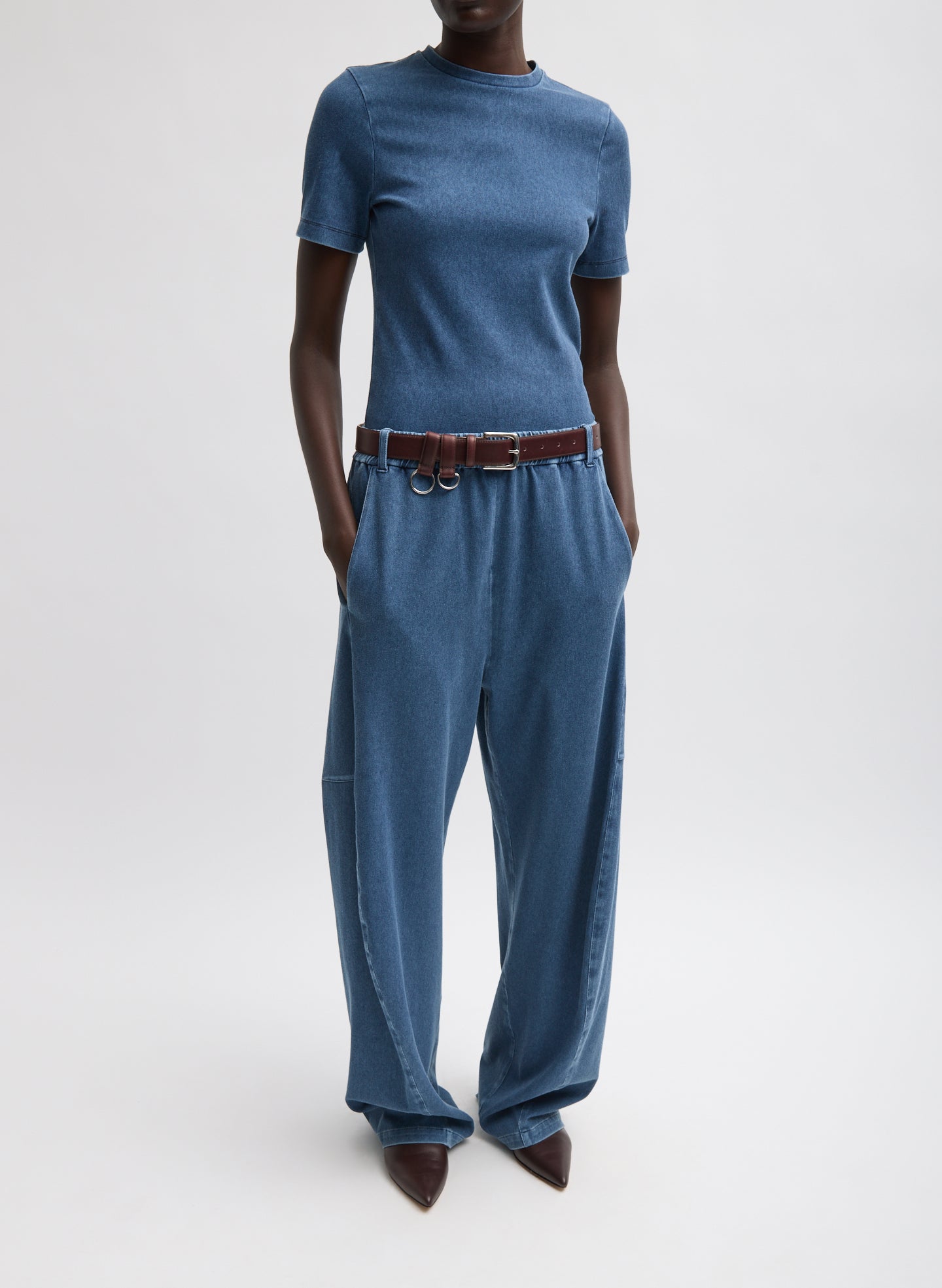 Classic Wash Stretch Denim Baby T-Shirt - full look, front view on model