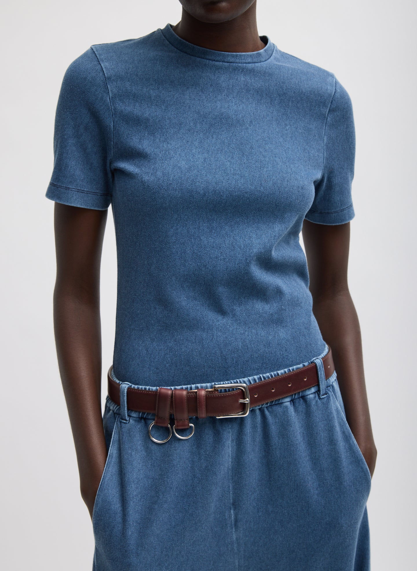 Classic Wash Stretch Denim Baby T-Shirt - front view on model