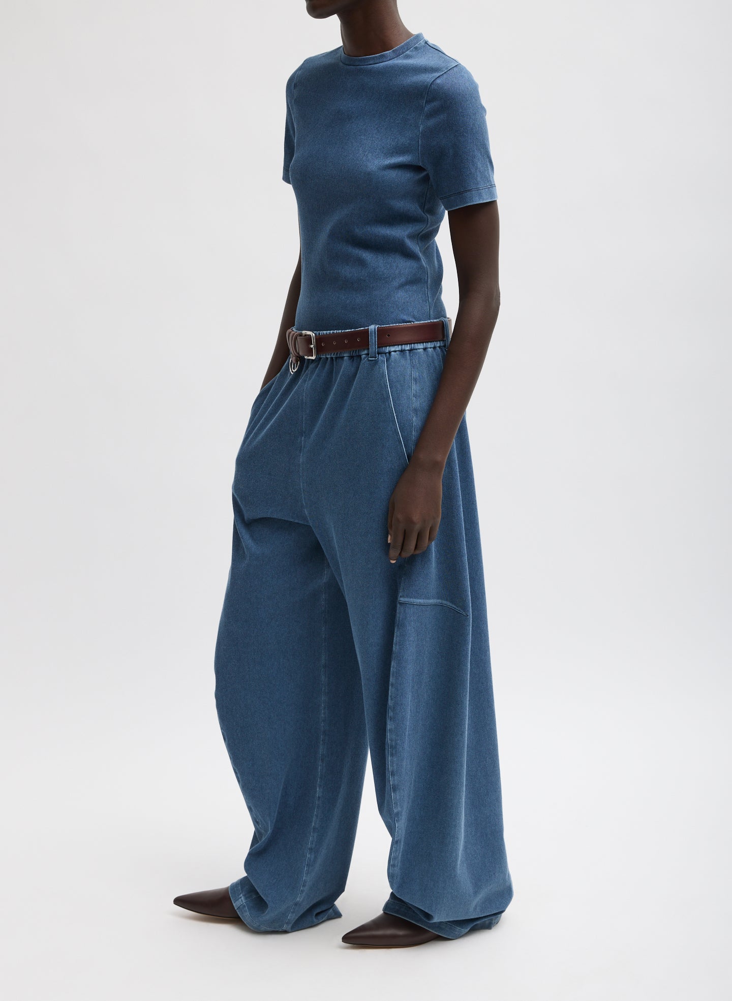 Classic Wash Stretch Denim Baby T-Shirt - full look, side view on model