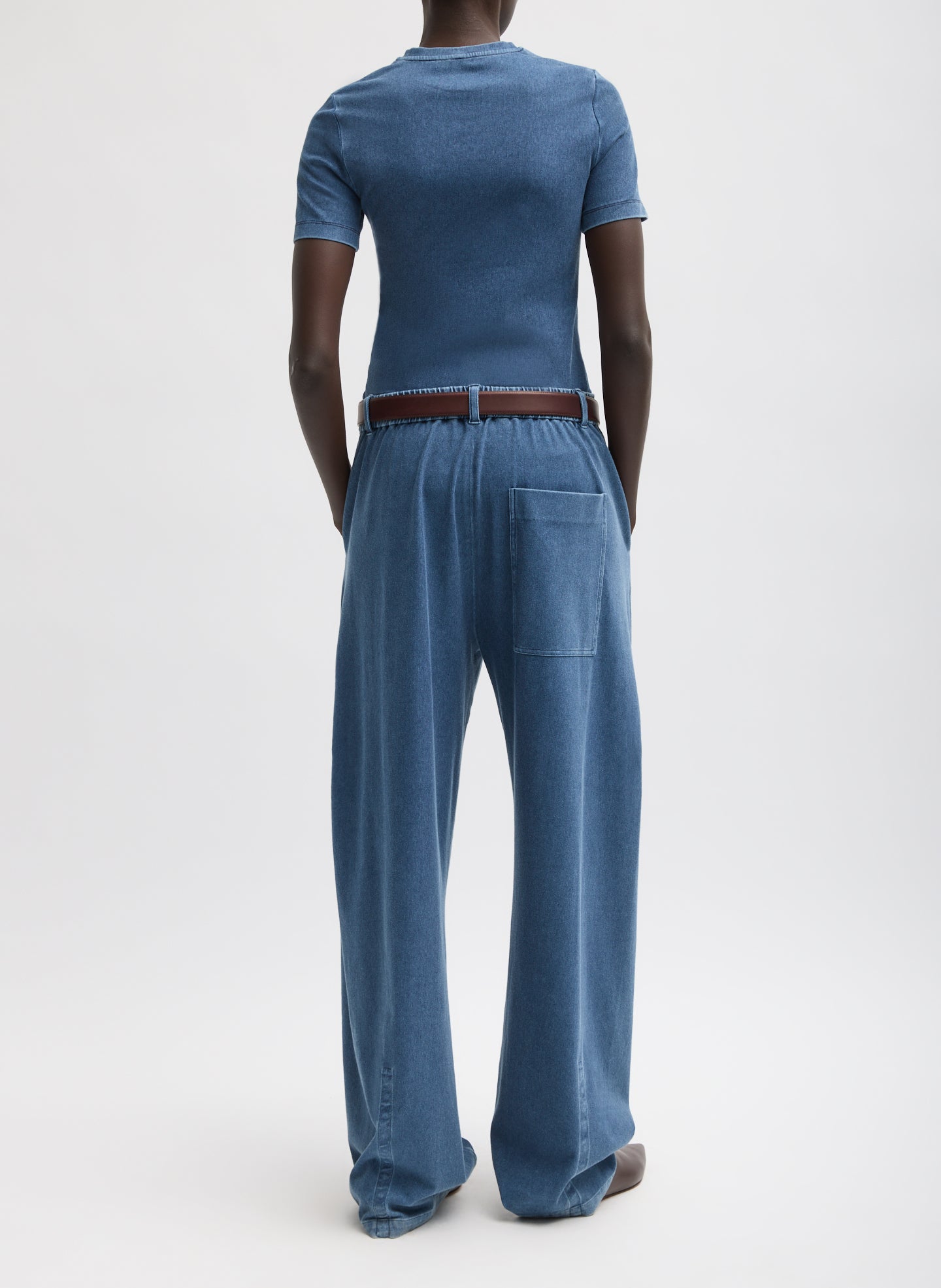 Classic Wash Stretch Denim Baby T-Shirt - full look, back view on model