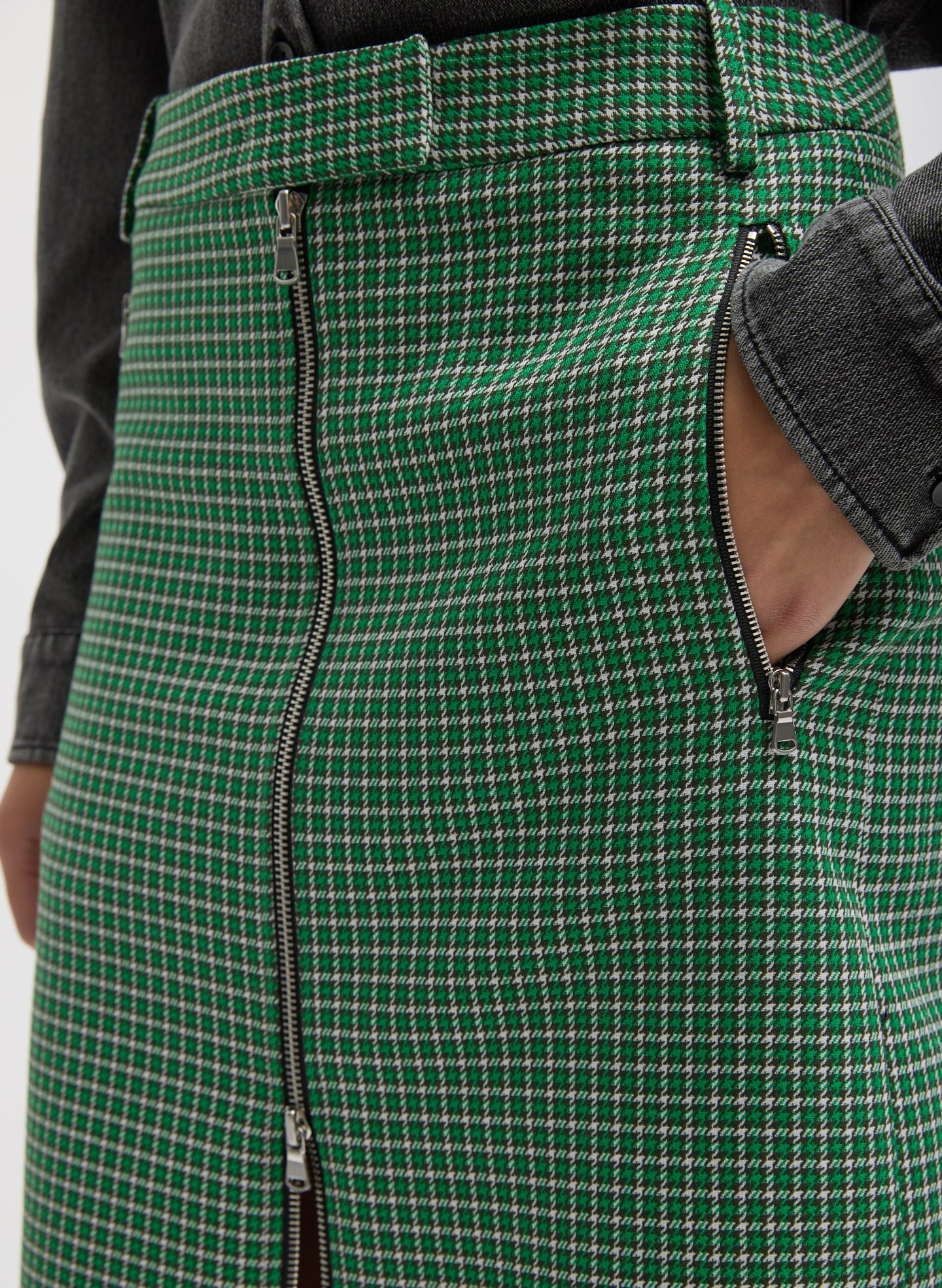 Green Multi Leon Check Midi Trouser Zip Skirt - closeup of front zipper detail and side zip pocket