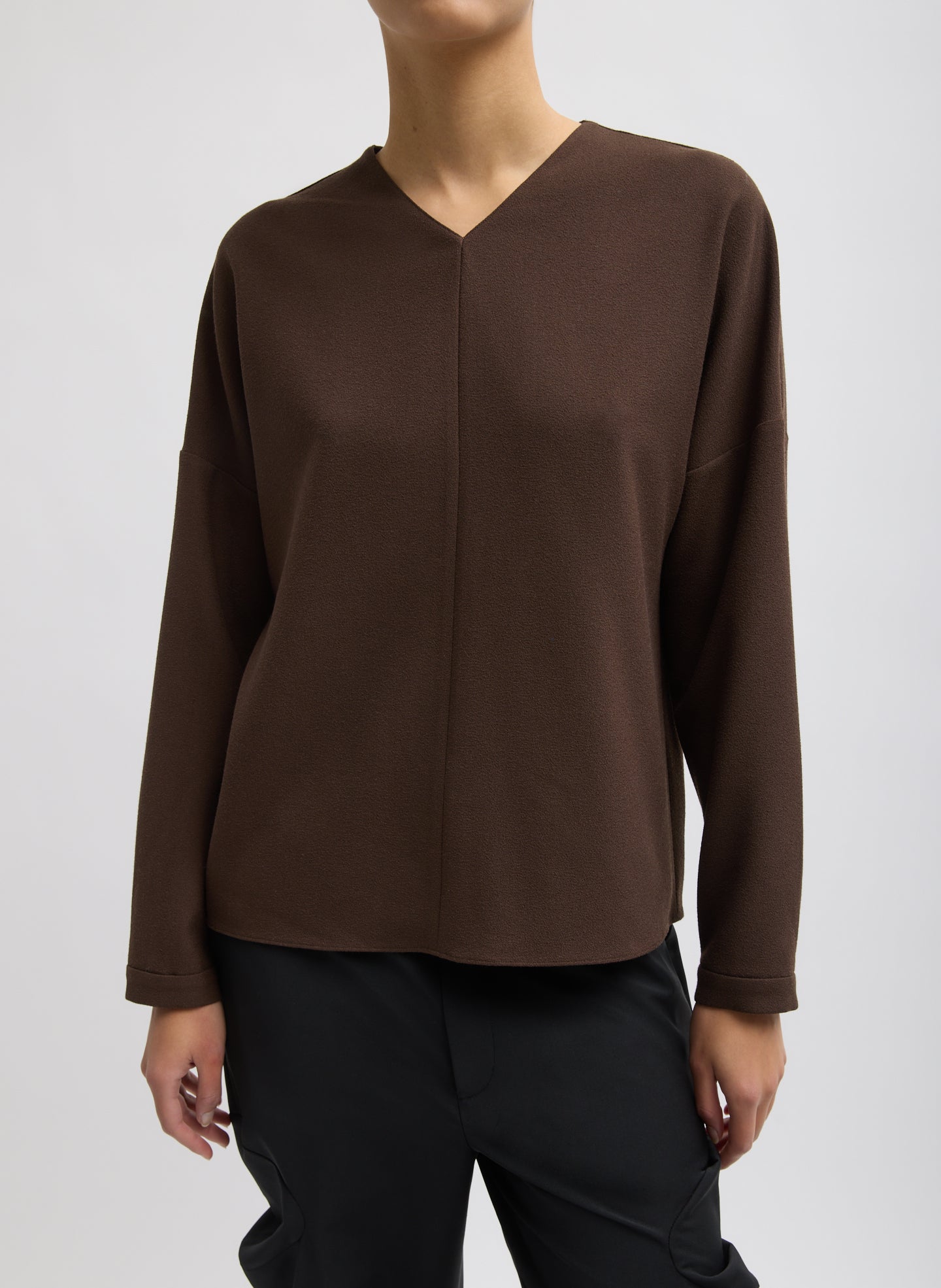Brown Mica Crepe V-Neck Top - long sleeve, front view on model
