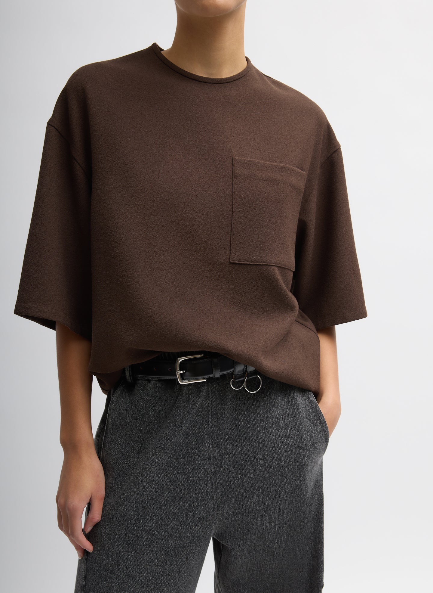 Brown Mica Crepe Easy T-Shirt - oversized fit, front view on model