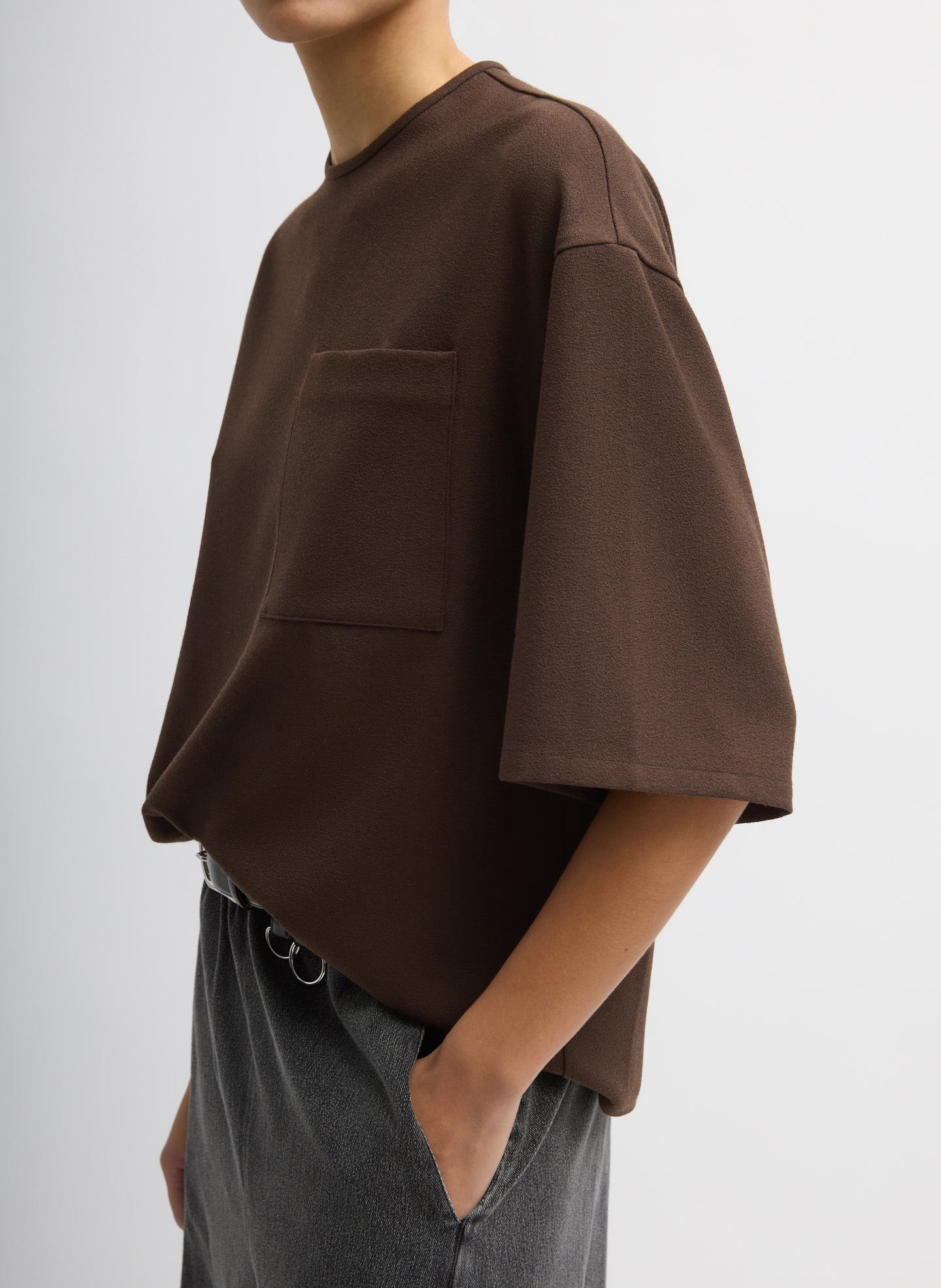 Brown Mica Crepe Easy T-Shirt - oversized fit, side view on model