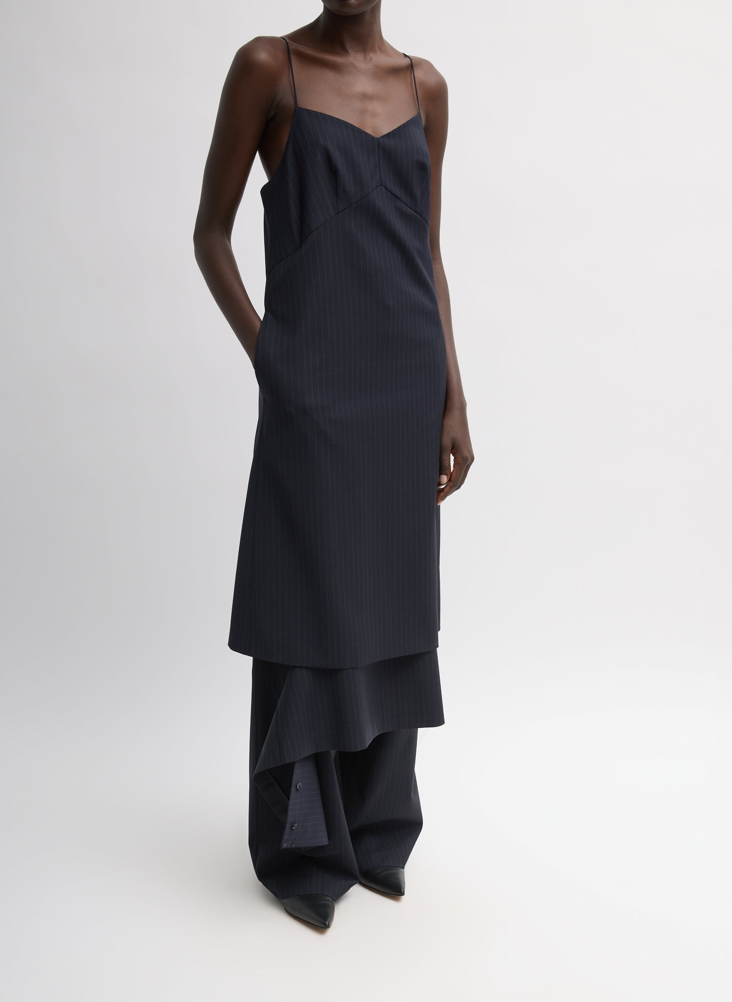 Navy Multi Mier Pinstripe Convertible Slip Dress - full look on model