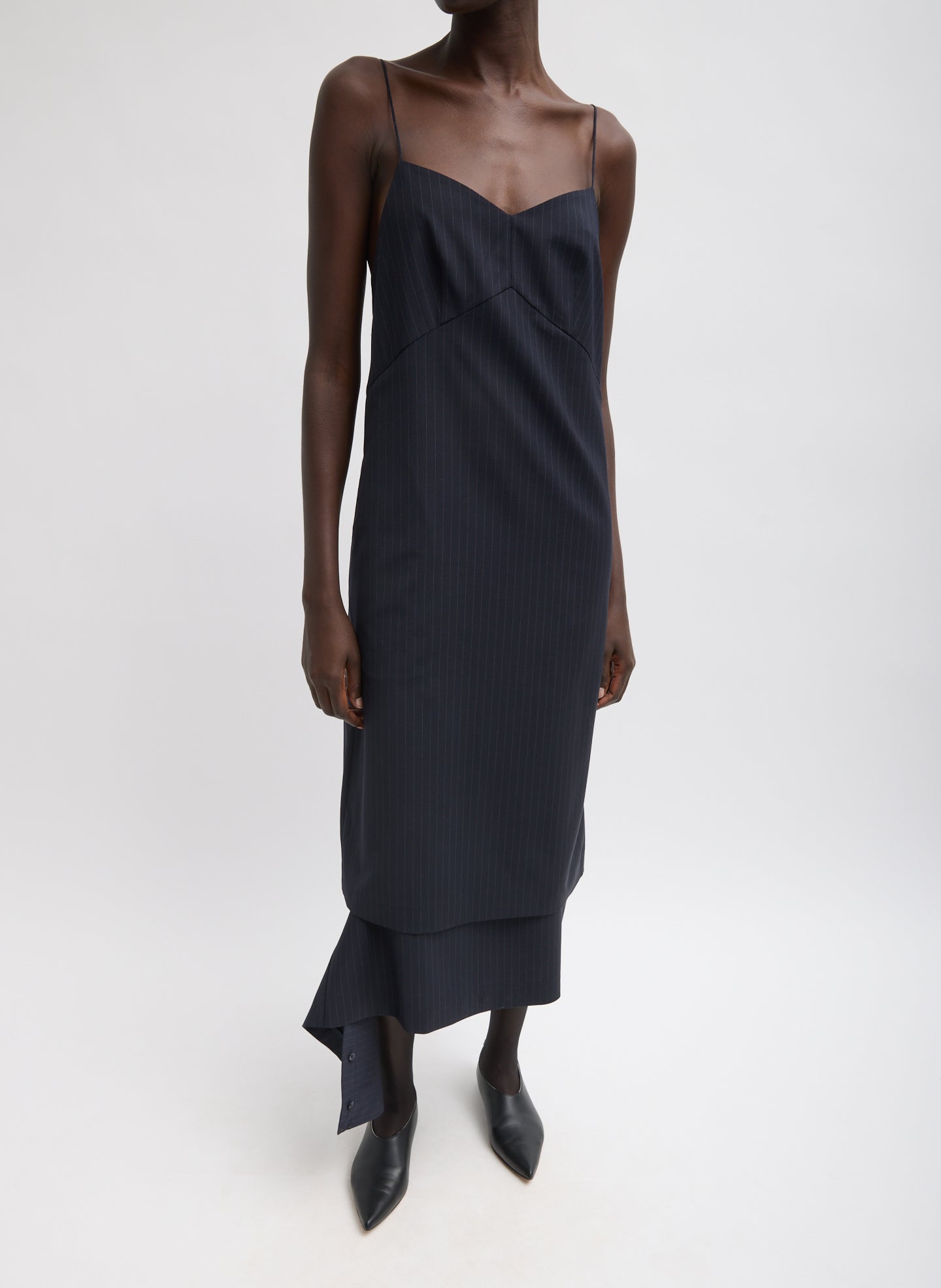 Navy Multi Mier Pinstripe Convertible Slip Dress - front view on model