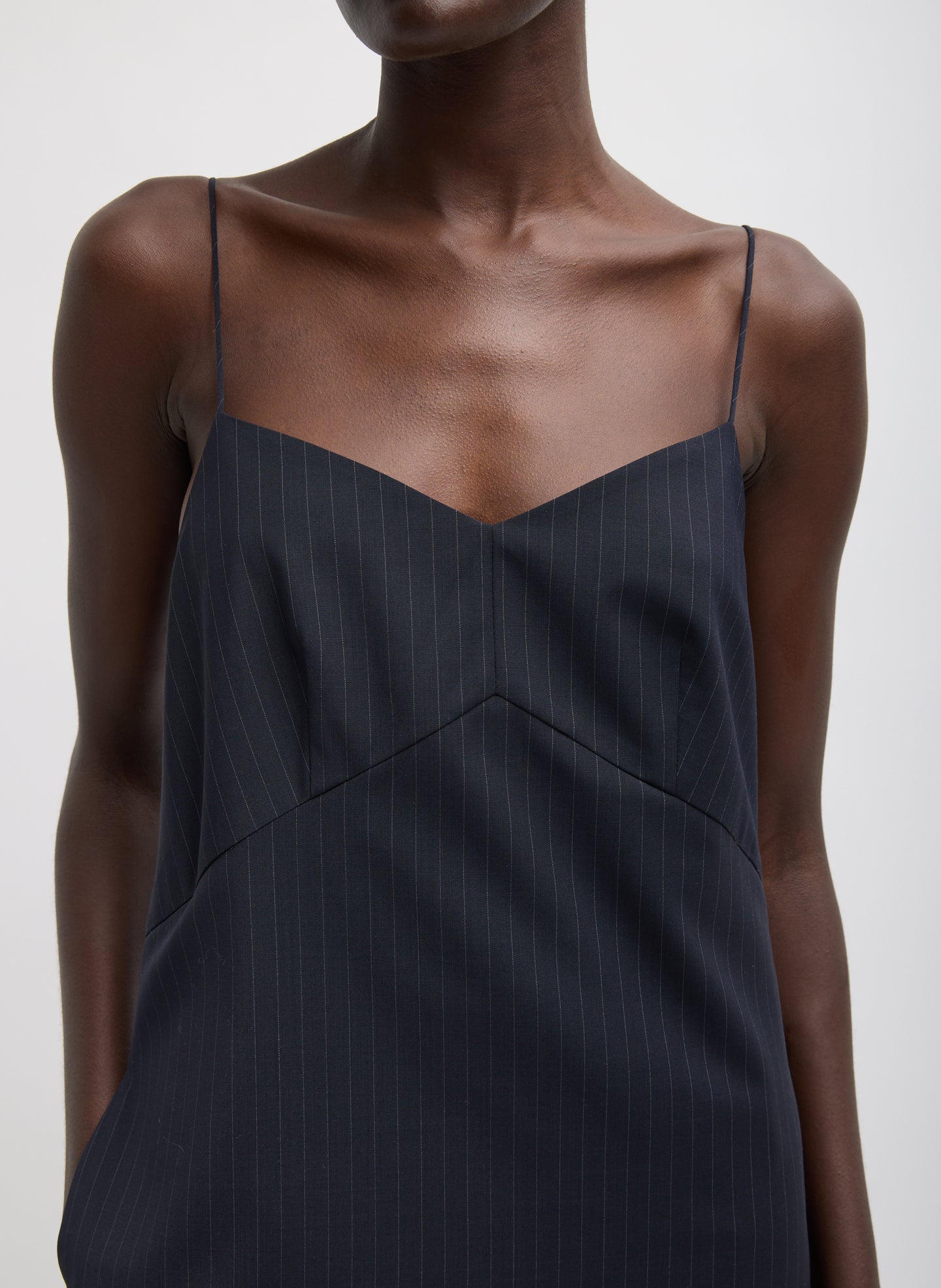Navy Multi Mier Pinstripe Convertible Slip Dress - closeup of pinstripe pattern